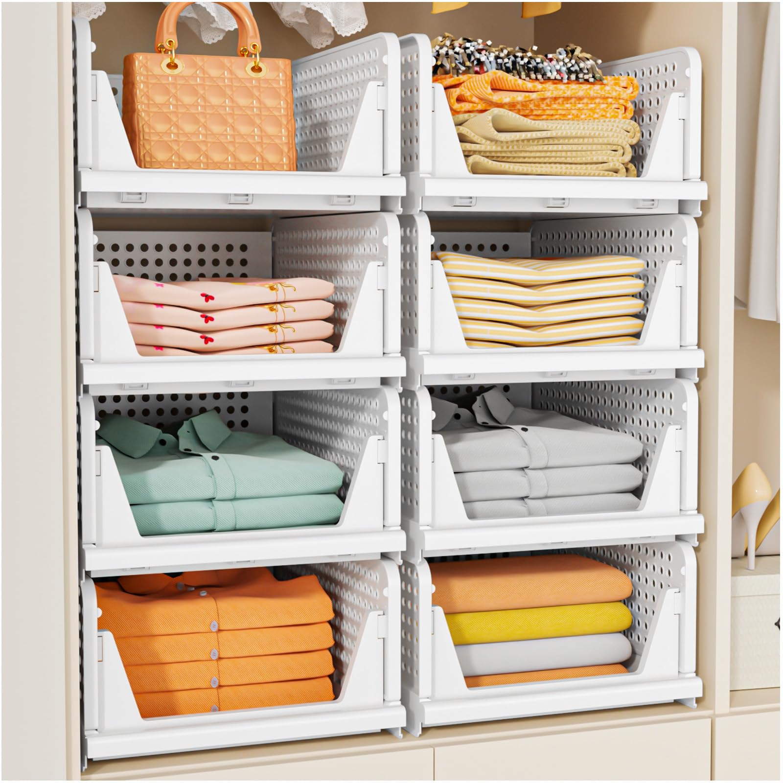 SNSLXH 5 Pack Stackable Closet Storage Basket, Multifunctional & Foldable Closet Organizer for Bathroom Kitchen Laundry Room Wardrobe Storage, Space - Saving Clothes Storage Drawer Organizer, White - Martin Corner Bedding