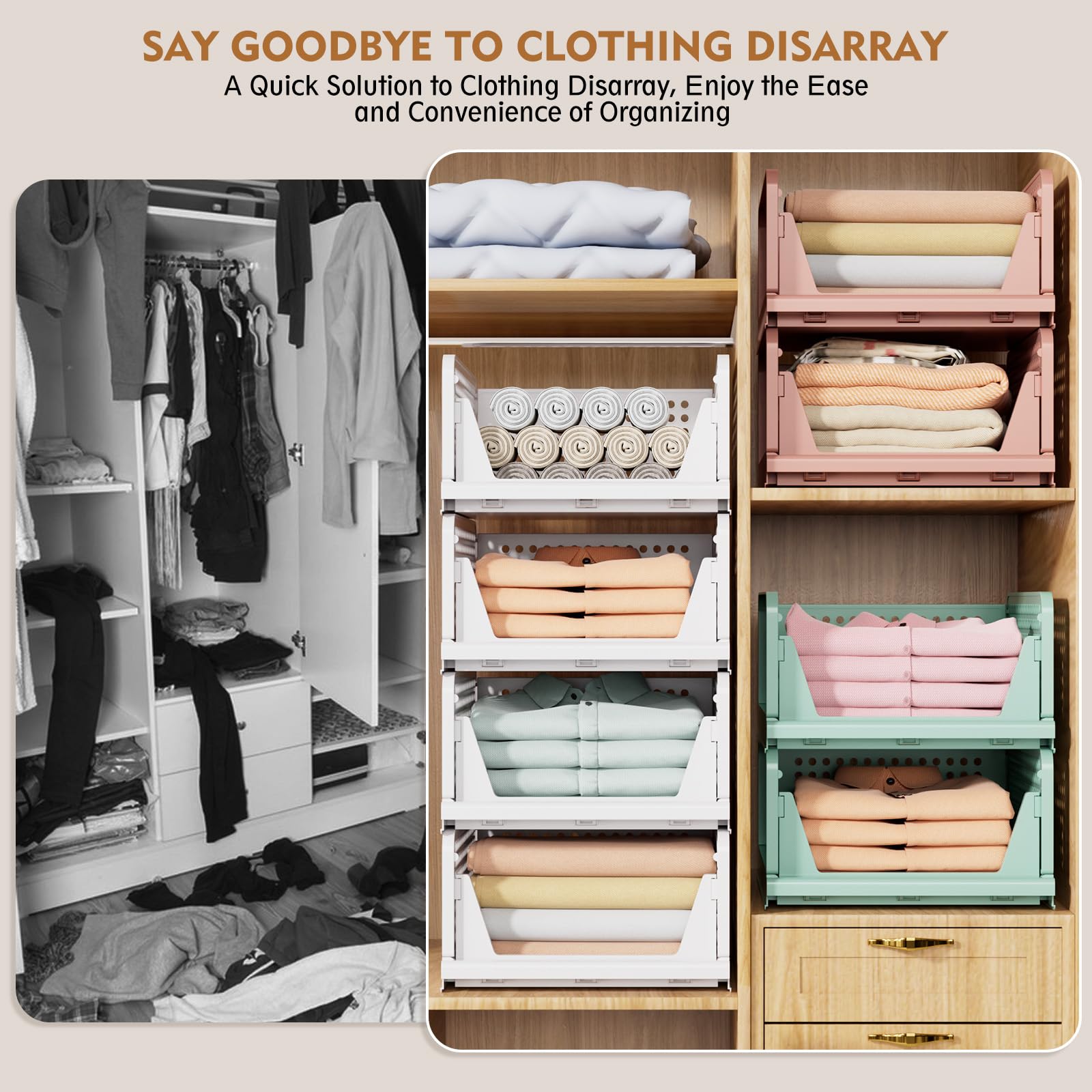 SNSLXH 5 Pack Stackable Closet Storage Basket, Multifunctional & Foldable Closet Organizer for Bathroom Kitchen Laundry Room Wardrobe Storage, Space - Saving Clothes Storage Drawer Organizer, White - Martin Corner Bedding
