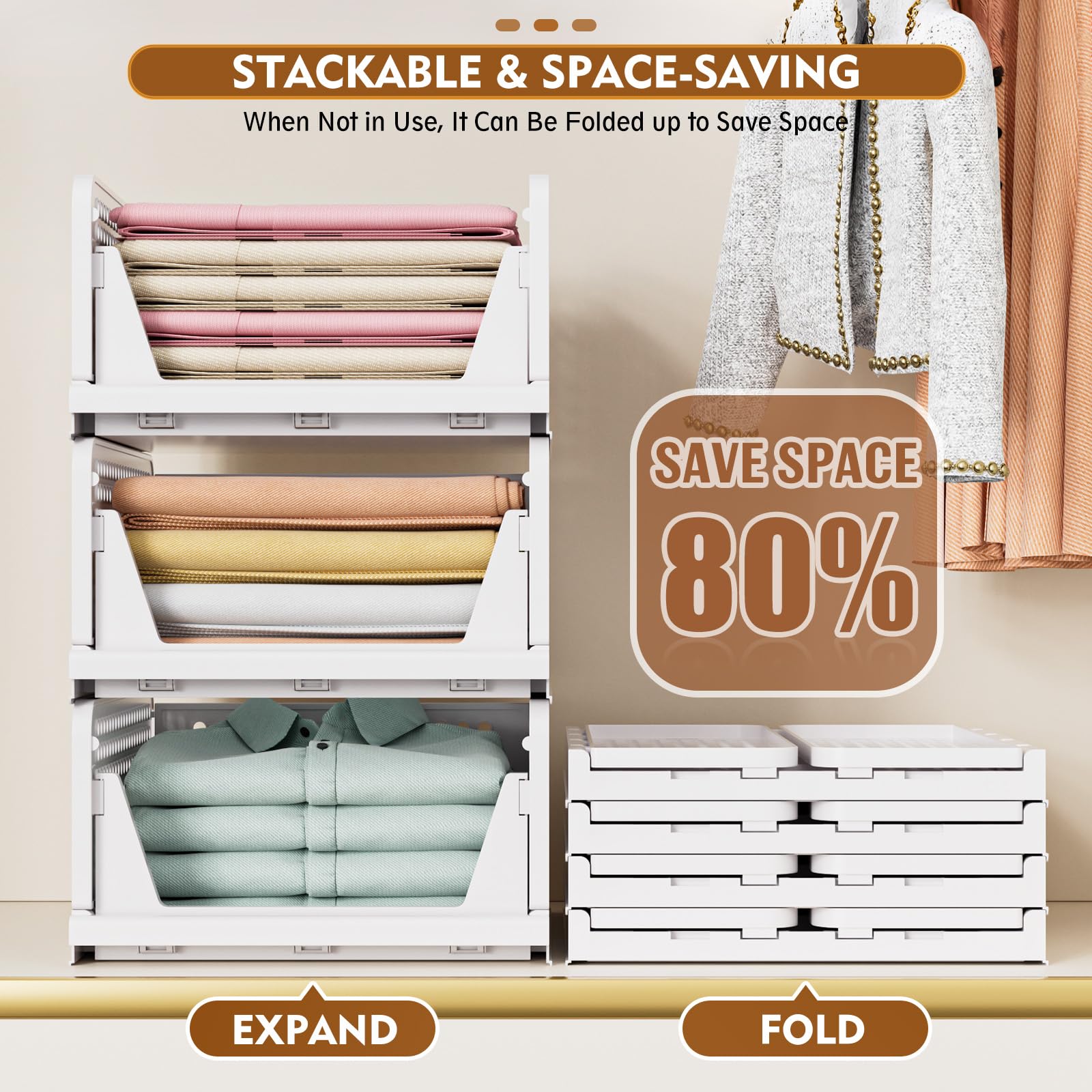 SNSLXH 5 Pack Stackable Closet Storage Basket, Multifunctional & Foldable Closet Organizer for Bathroom Kitchen Laundry Room Wardrobe Storage, Space - Saving Clothes Storage Drawer Organizer, White - Martin Corner Bedding