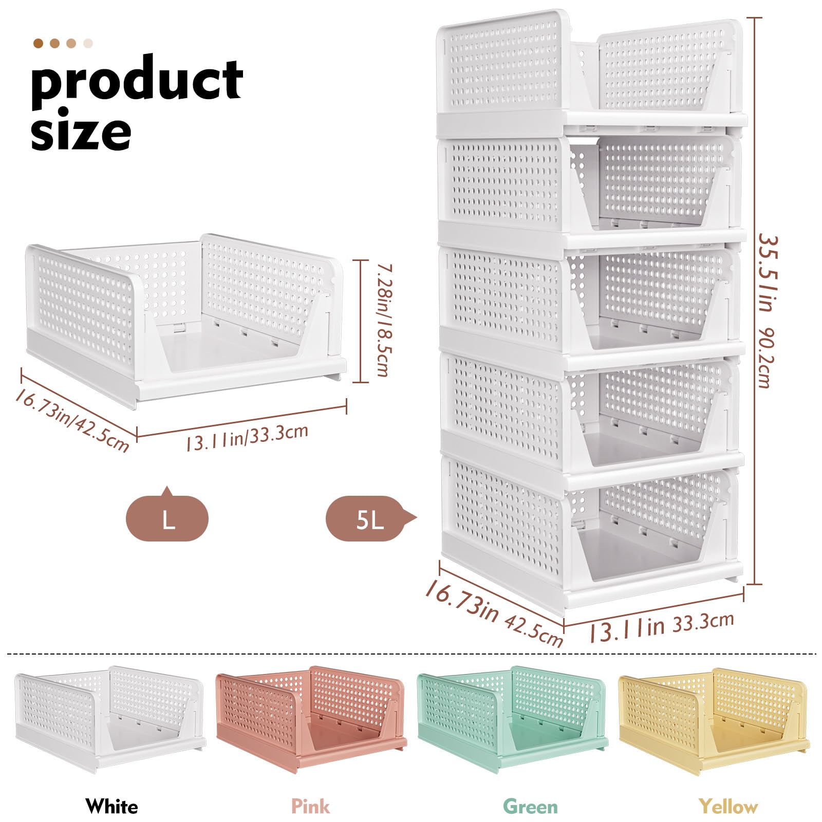 SNSLXH 5 Pack Stackable Closet Storage Basket, Multifunctional & Foldable Closet Organizer for Bathroom Kitchen Laundry Room Wardrobe Storage, Space - Saving Clothes Storage Drawer Organizer, White - Martin Corner Bedding