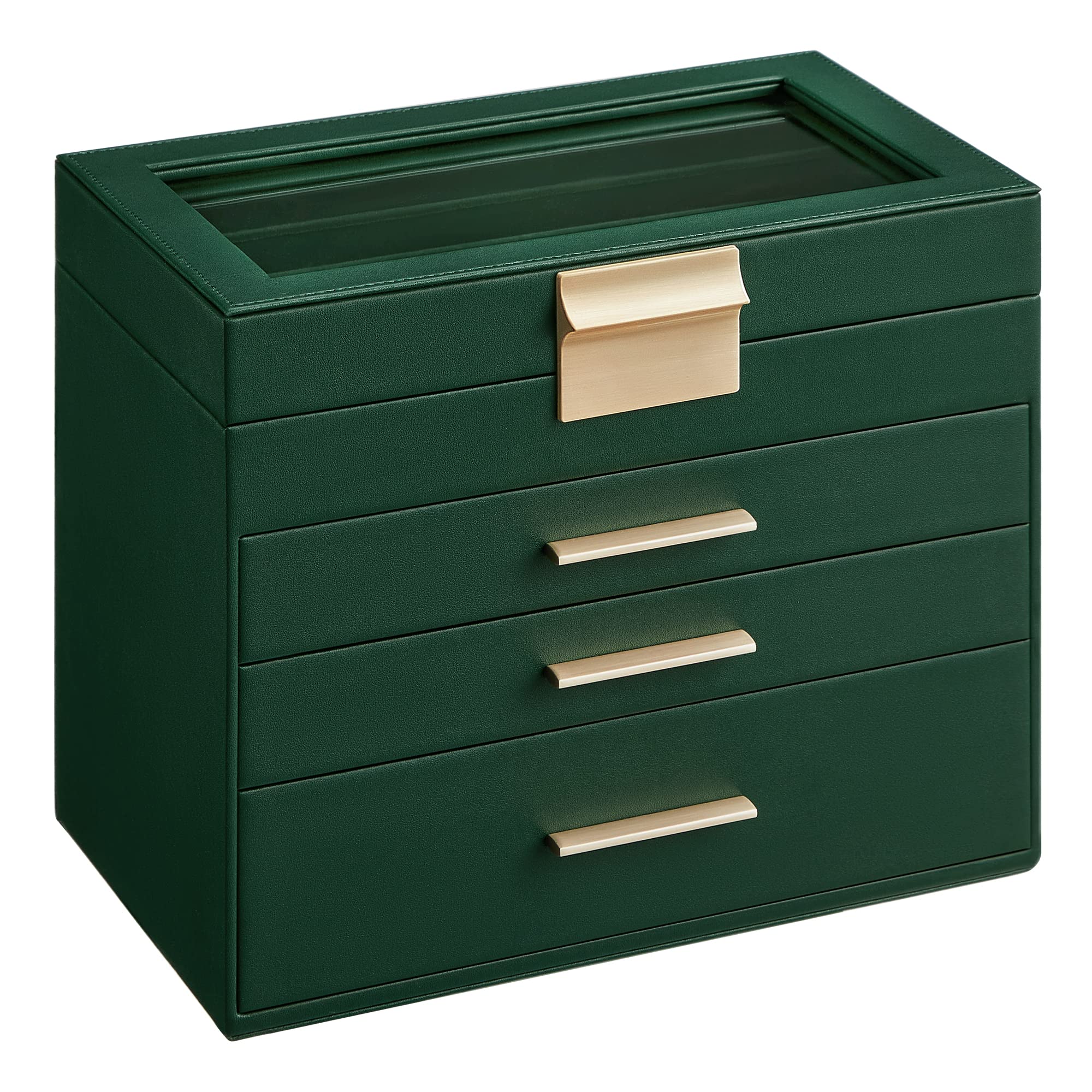 SONGMICS Jewelry Box Organizer with Glass Lid, 4 - Layer Jewelry Storage, with 3 Drawers, Modern Style, 6 x 9.9 x 8.5 Inches, Forest Green and Gold Color UJBC161G01 - Martin Corner Bedding