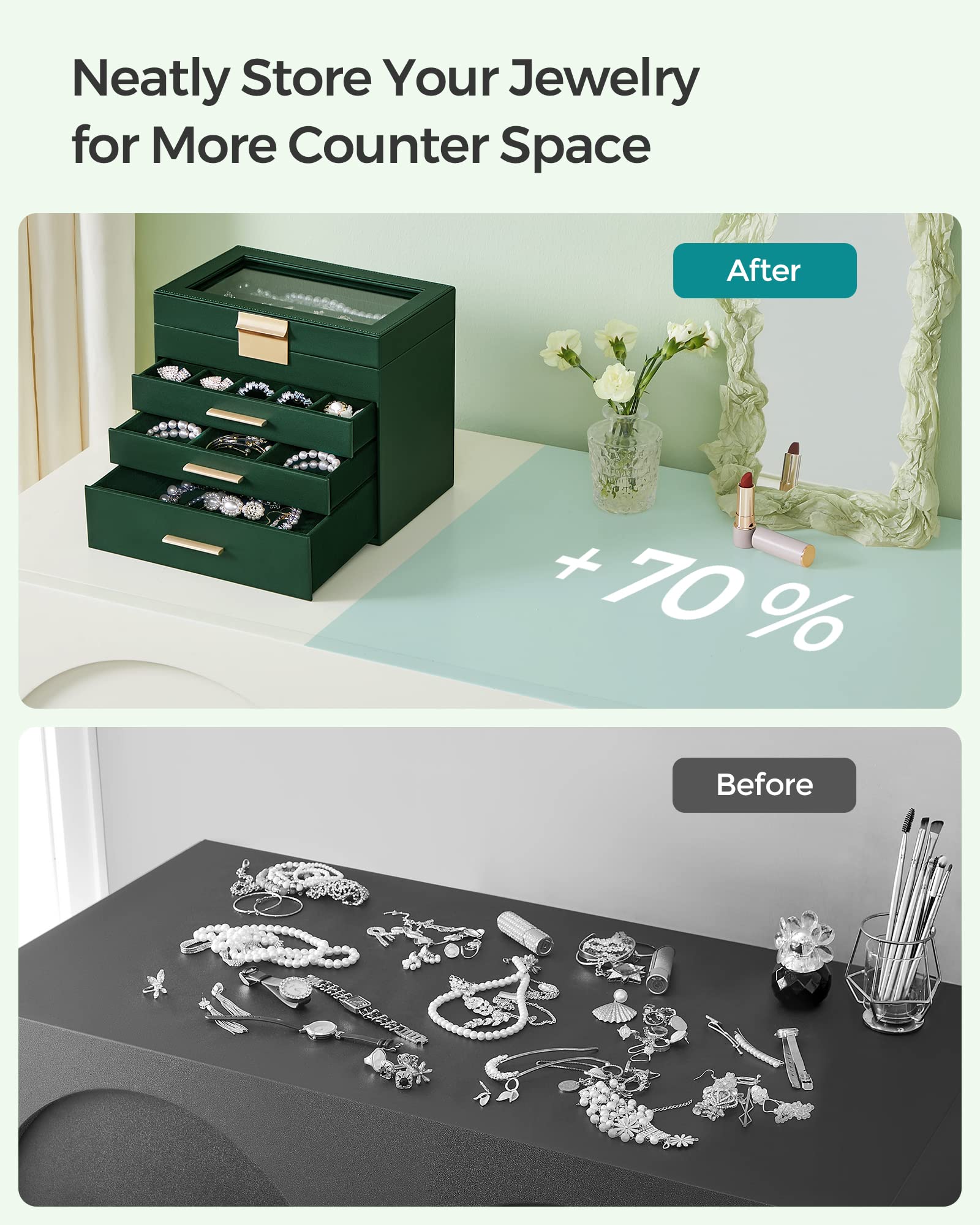 SONGMICS Jewelry Box Organizer with Glass Lid, 4 - Layer Jewelry Storage, with 3 Drawers, Modern Style, 6 x 9.9 x 8.5 Inches, Forest Green and Gold Color UJBC161G01 - Martin Corner Bedding