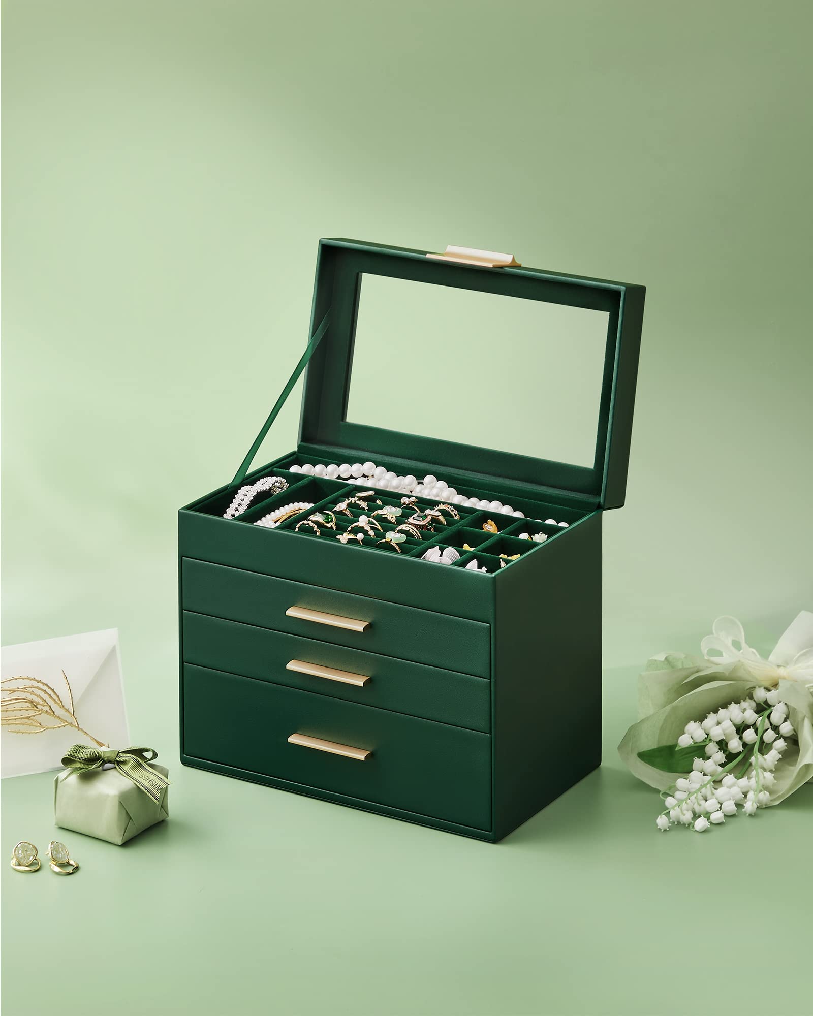 SONGMICS Jewelry Box Organizer with Glass Lid, 4 - Layer Jewelry Storage, with 3 Drawers, Modern Style, 6 x 9.9 x 8.5 Inches, Forest Green and Gold Color UJBC161G01 - Martin Corner Bedding