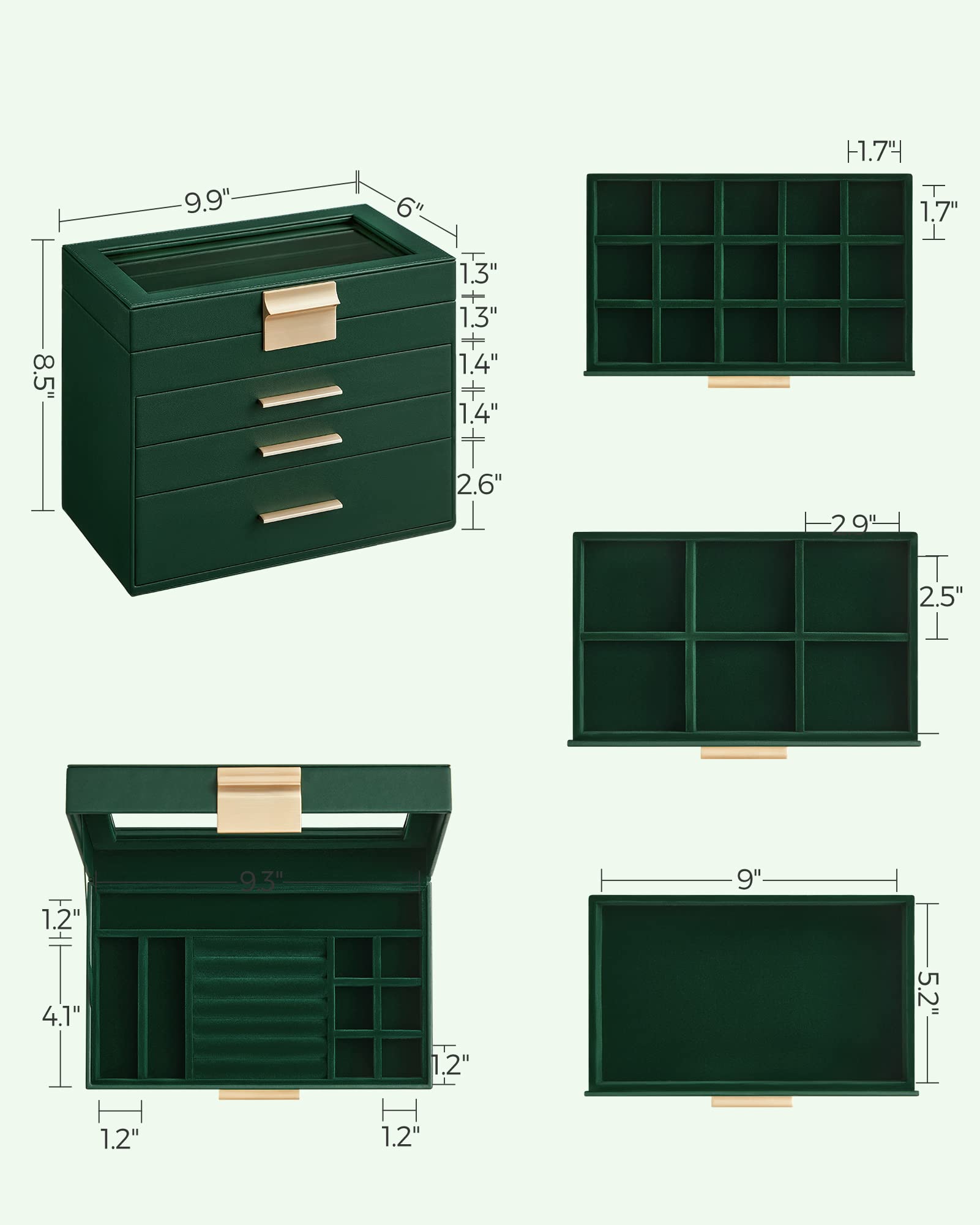 SONGMICS Jewelry Box Organizer with Glass Lid, 4 - Layer Jewelry Storage, with 3 Drawers, Modern Style, 6 x 9.9 x 8.5 Inches, Forest Green and Gold Color UJBC161G01 - Martin Corner Bedding