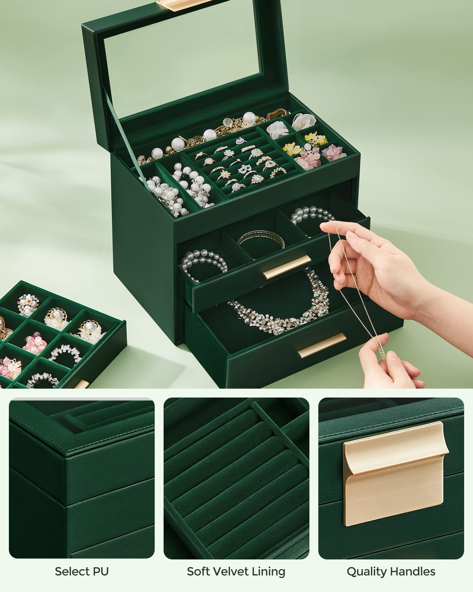 SONGMICS Jewelry Box Organizer with Glass Lid, 4 - Layer Jewelry Storage, with 3 Drawers, Modern Style, 6 x 9.9 x 8.5 Inches, Forest Green and Gold Color UJBC161G01 - Martin Corner Bedding