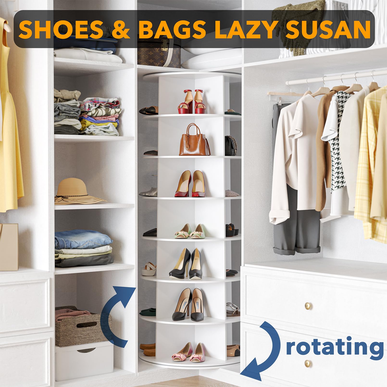 SpaceAid 7 Tier Rotating Shoe Rack Tower, Spinning Shoe Display Lazy Susan, Revolving 360 Shoe Rack Storage Round Carousel, Vertical Handbag Rotate Shoes Closet Organization (7 - Tier White) - Martin Corner Bedding