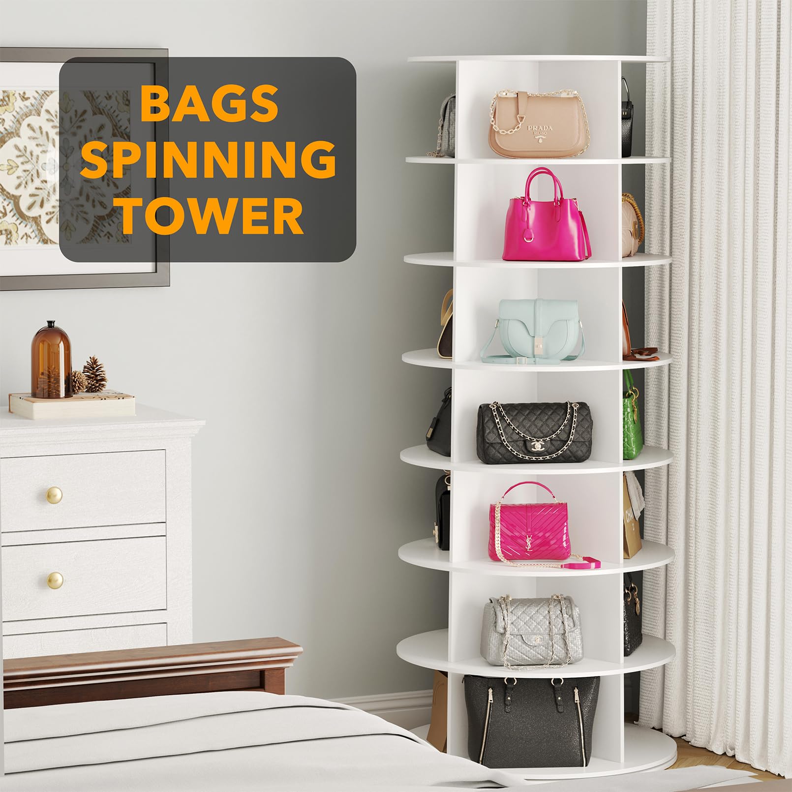 SpaceAid 7 Tier Rotating Shoe Rack Tower, Spinning Shoe Display Lazy Susan, Revolving 360 Shoe Rack Storage Round Carousel, Vertical Handbag Rotate Shoes Closet Organization (7 - Tier White) - Martin Corner Bedding