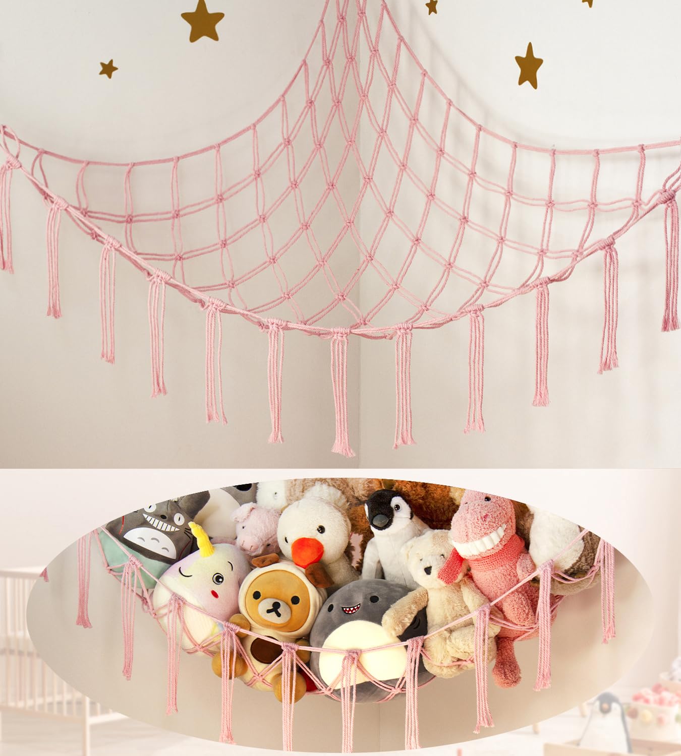 Stuffed Animal Storage Hammock Corner Net - Pink Room Christmas Decor for Teen Girls - Toys Storage Hanging Stuff Animal Organizer Holder Cute Stuff - Boho Nursery Dorm Bedoom Decor Aesthetic - Martin Corner Bedding