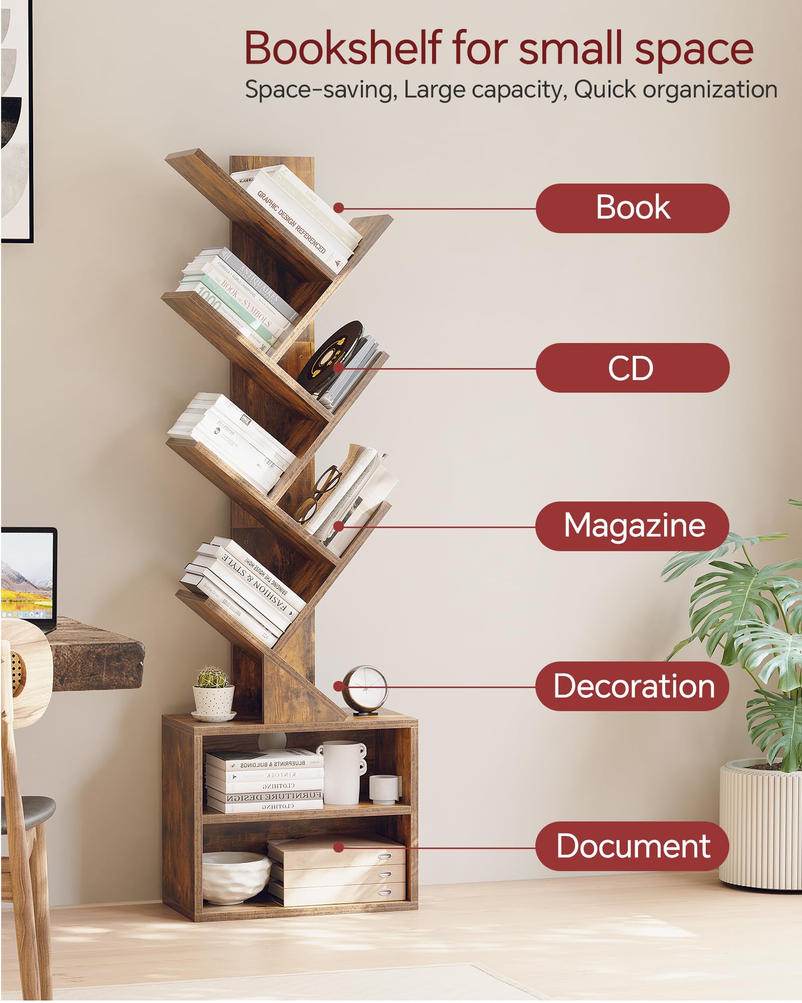 SUNMORY 6 Tier Tree Bookshelf, Small Bookcase with Storage Cabinet, Modern Tall Narrow Bookshelves Organizer, Floor Standing Book Shelf for Bedroom/Living Room/Home Office/Corner, Rustic Brown - Martin Corner Bedding