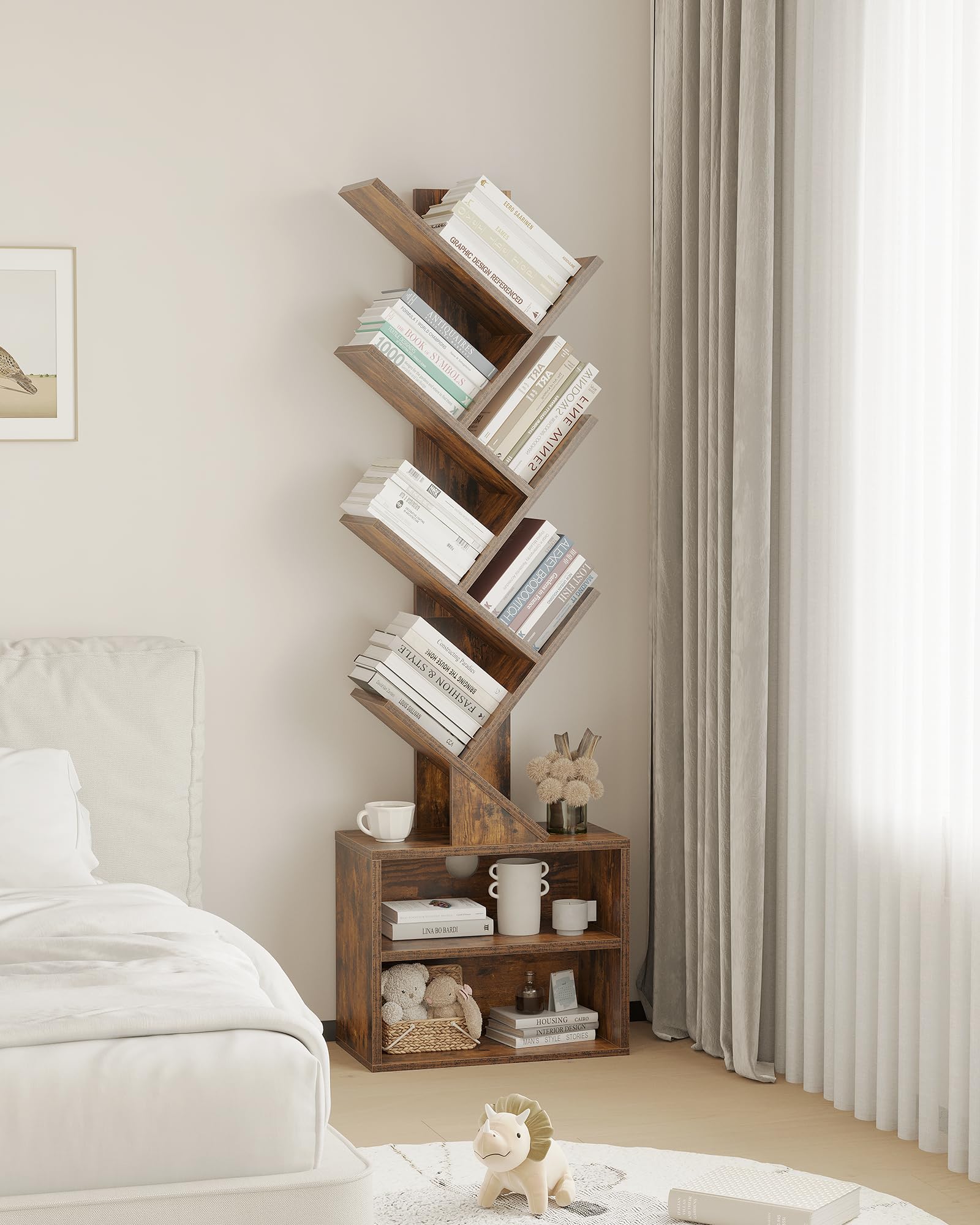 SUNMORY 6 Tier Tree Bookshelf, Small Bookcase with Storage Cabinet, Modern Tall Narrow Bookshelves Organizer, Floor Standing Book Shelf for Bedroom/Living Room/Home Office/Corner, Rustic Brown - Martin Corner Bedding