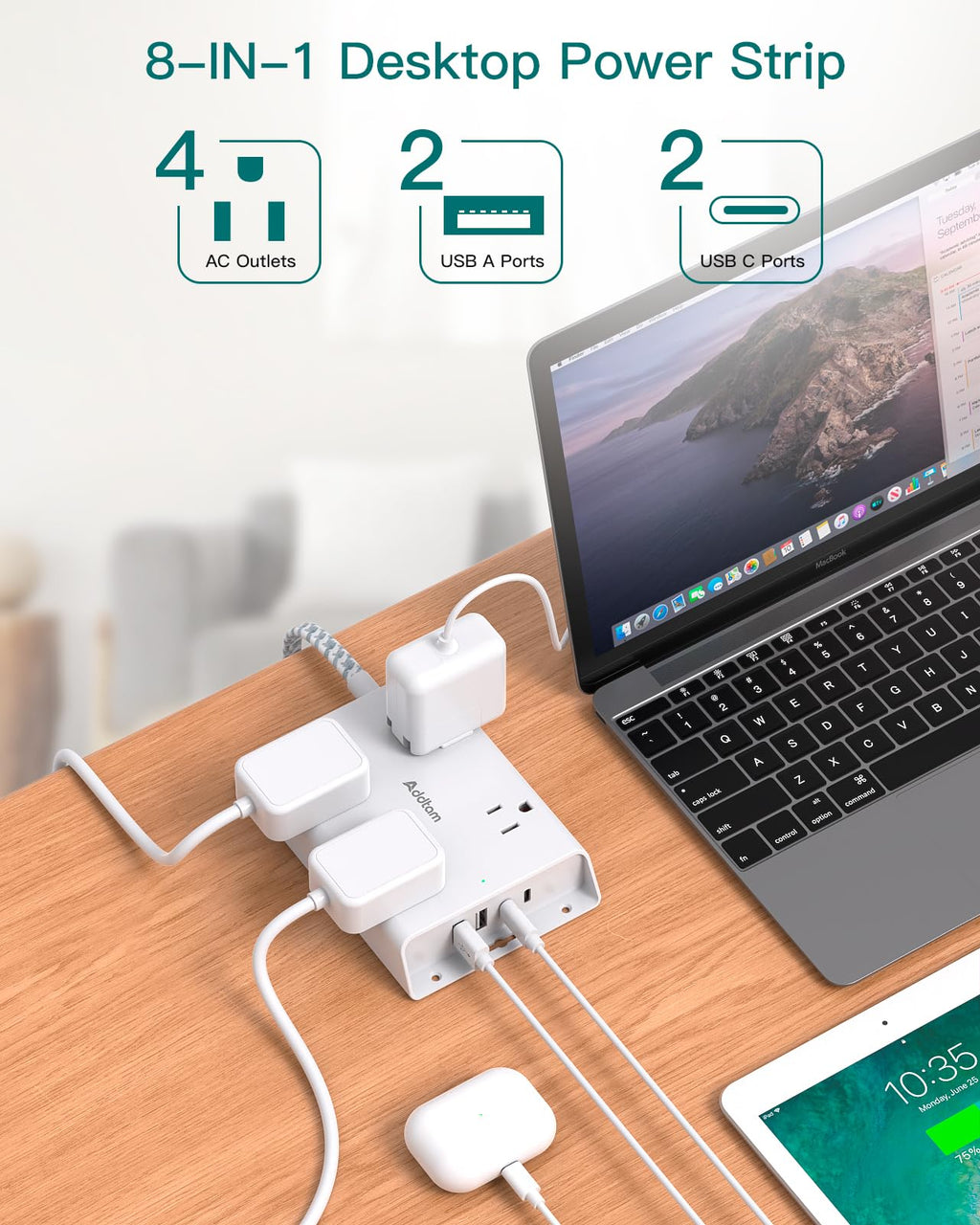 Surge Protector Power Strip, Addtam 5 ft Flat Plug Extension Cord with 4 USB Wall Charger(2 USB C Port), 4 Widely Outlets Desk Charging Station, Home Office and College Dorm Room Essentials - Martin Corner Bedding