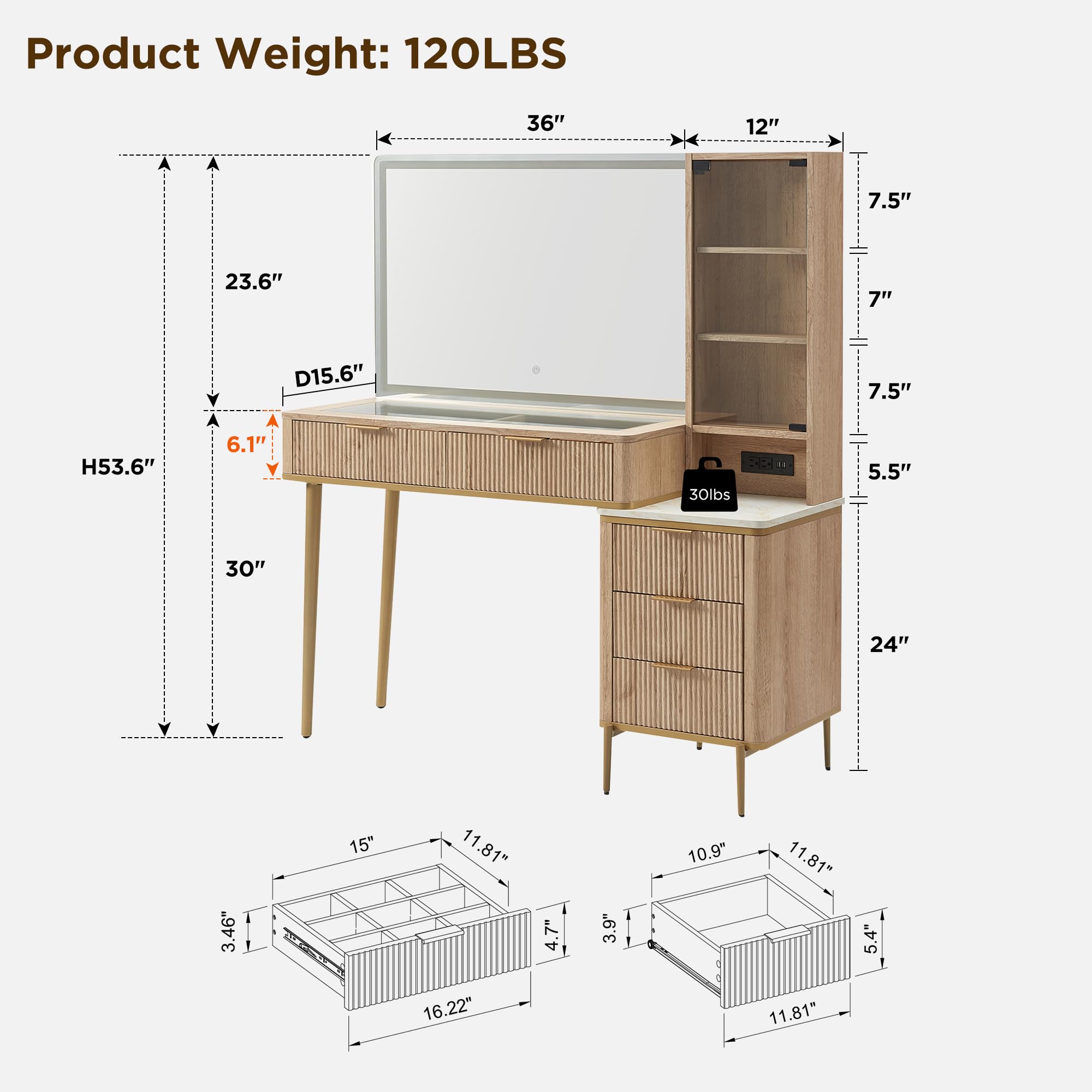 T4TREAM Fluted Makeup Vanity Desk with 36" HD Lighted Mirror, 48" Big Modern Vanity Desk with Mirror and Lights, Dressing Table with 5 Drawers & Shelves, Glass Top for Bedroom (Natural Oak) - Martin Corner Bedding
