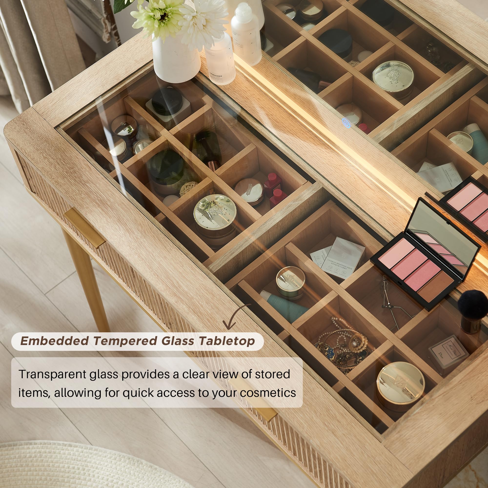T4TREAM Fluted Makeup Vanity Desk with 36" HD Lighted Mirror, 48" Big Modern Vanity Desk with Mirror and Lights, Dressing Table with 5 Drawers & Shelves, Glass Top for Bedroom (Natural Oak) - Martin Corner Bedding
