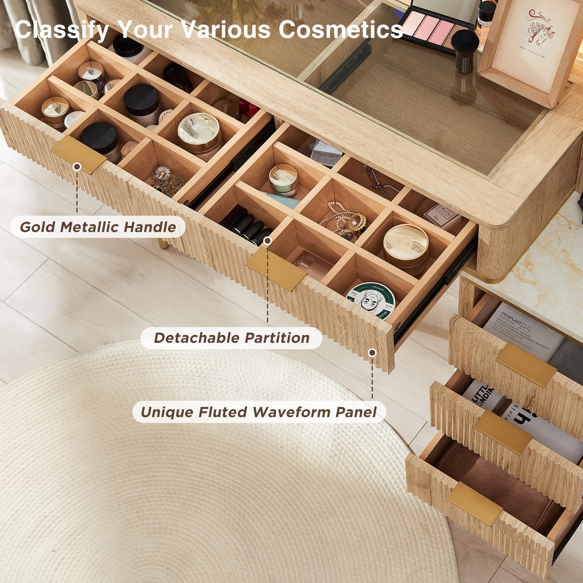 T4TREAM Fluted Makeup Vanity Desk with 36" HD Lighted Mirror, 48" Big Modern Vanity Desk with Mirror and Lights, Dressing Table with 5 Drawers & Shelves, Glass Top for Bedroom (Natural Oak) - Martin Corner Bedding