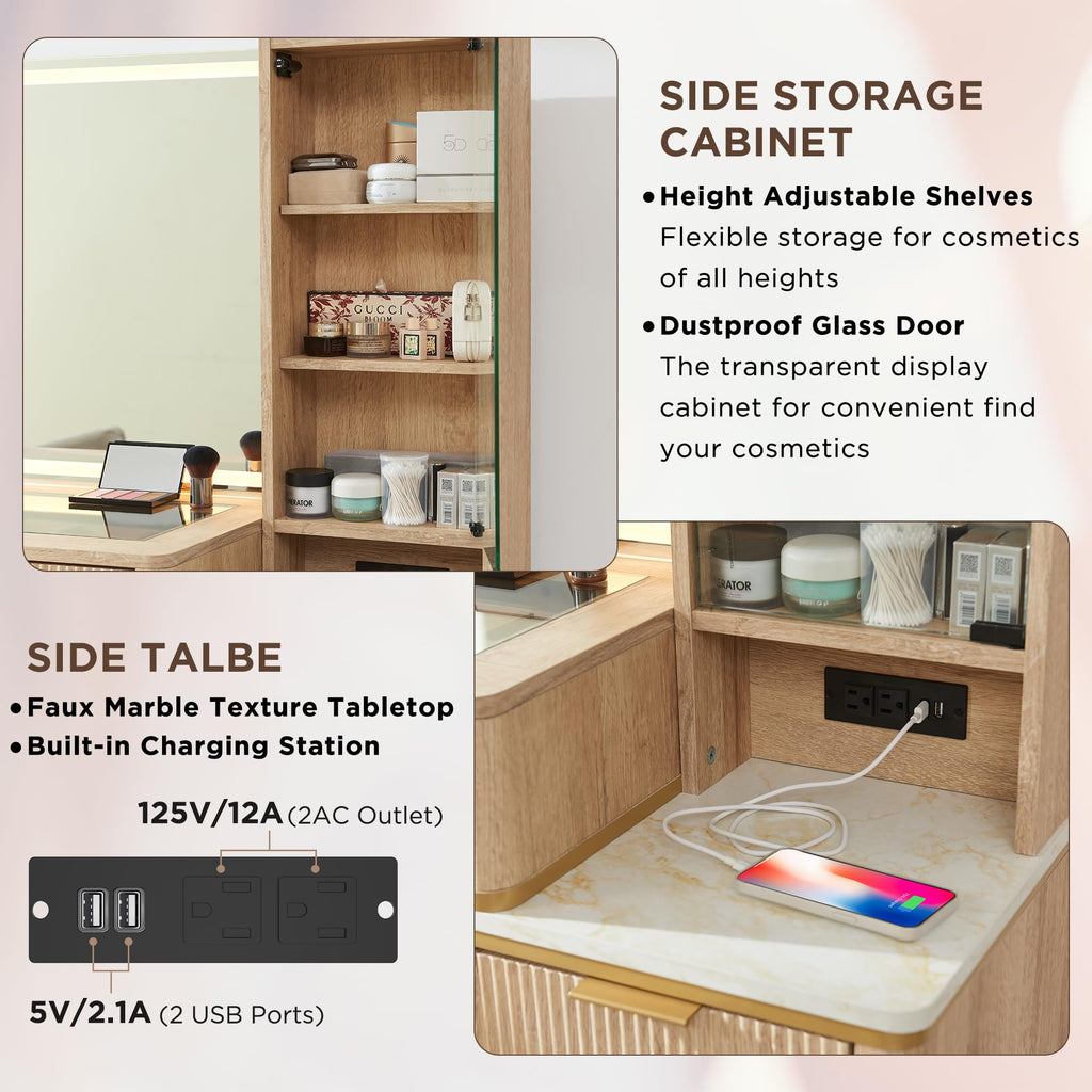 T4TREAM Fluted Makeup Vanity Desk with 36" HD Lighted Mirror, 48" Big Modern Vanity Desk with Mirror and Lights, Dressing Table with 5 Drawers & Shelves, Glass Top for Bedroom (Natural Oak) - Martin Corner Bedding