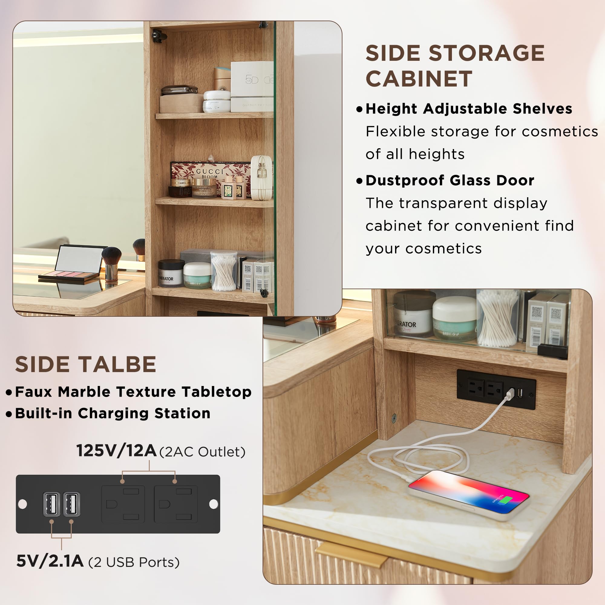 T4TREAM Fluted Makeup Vanity Desk with 36" HD Lighted Mirror, 48" Big Modern Vanity Desk with Mirror and Lights, Dressing Table with 5 Drawers & Shelves, Glass Top for Bedroom (Natural Oak) - Martin Corner Bedding