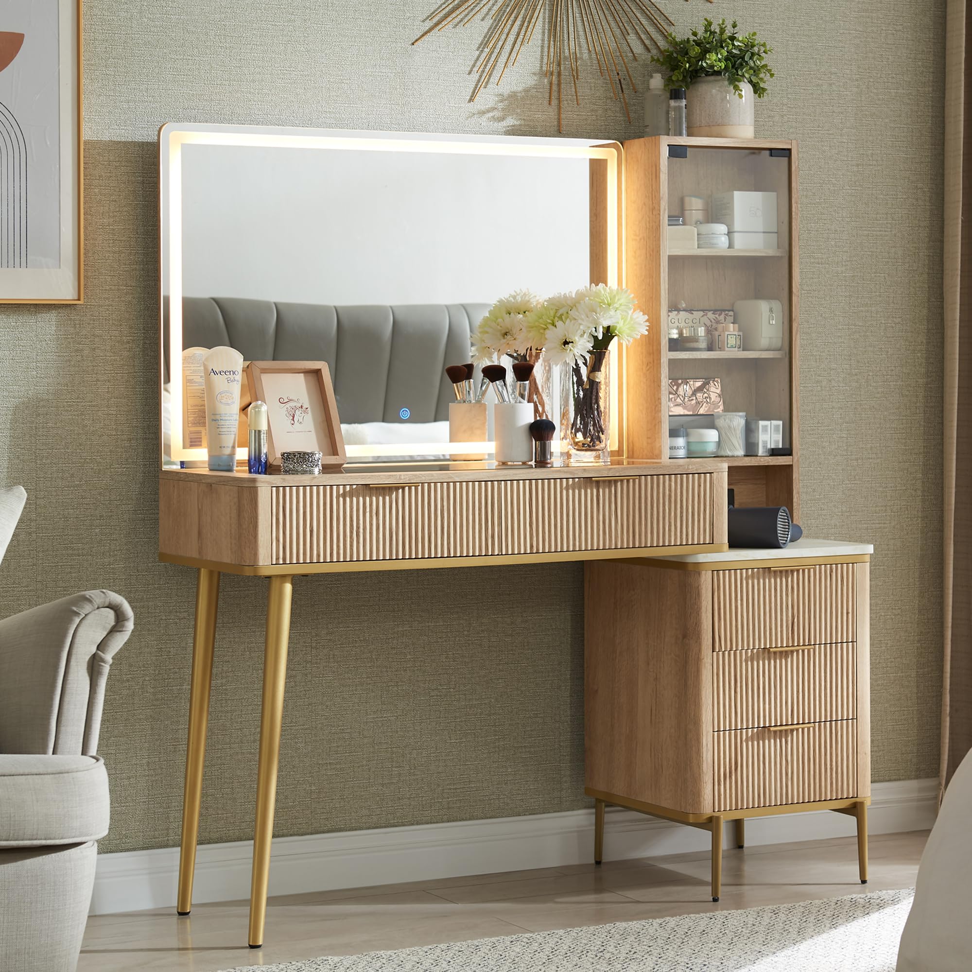 T4TREAM Fluted Makeup Vanity Desk with 36" HD Lighted Mirror, 48" Big Modern Vanity Desk with Mirror and Lights, Dressing Table with 5 Drawers & Shelves, Glass Top for Bedroom (Natural Oak) - Martin Corner Bedding
