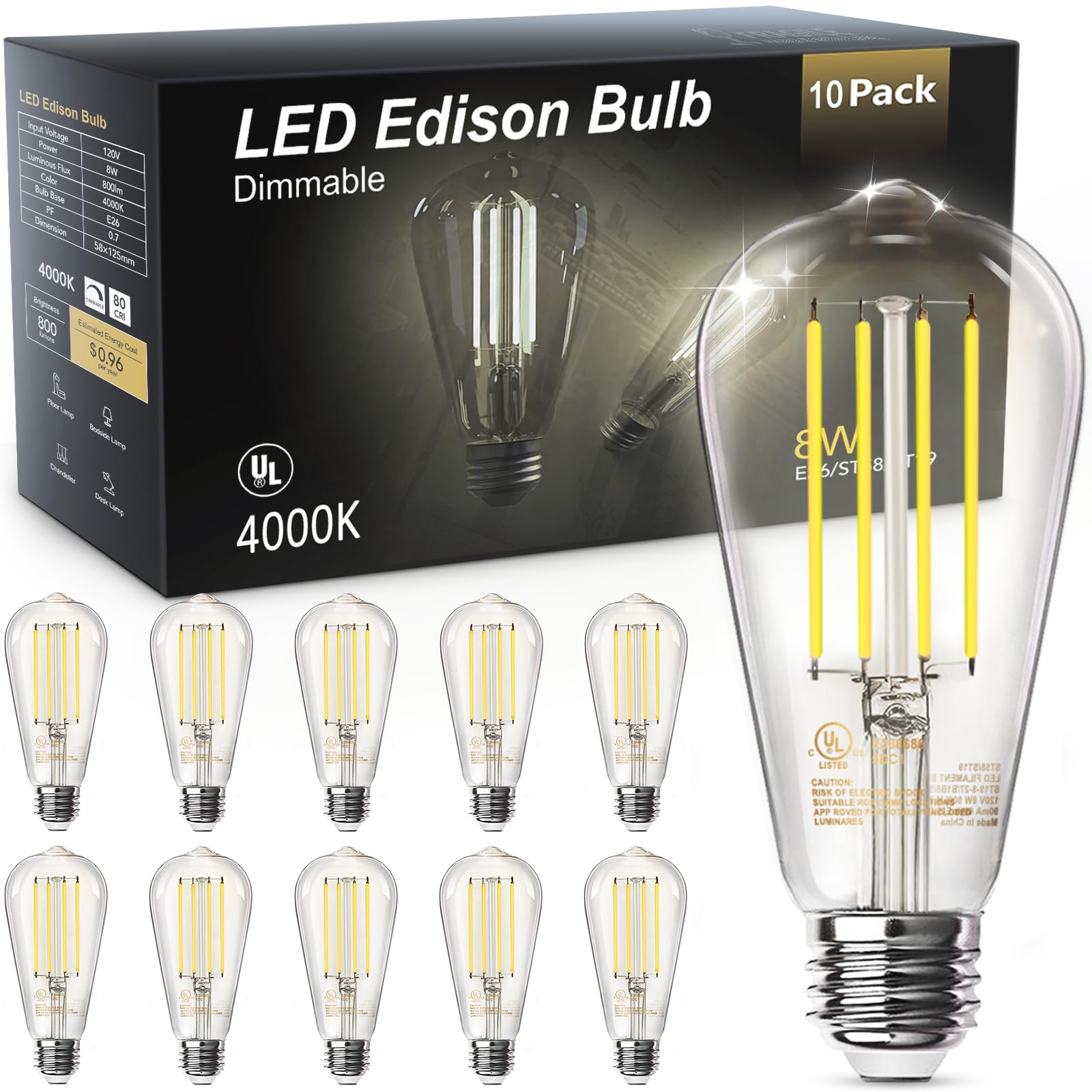 TJOY 10 Pack E26 Base Vintage LED Edison Light Bulbs, 60W Equivalent Dimmable, 4000K Natural White, 8W ST58 LED Filament Bulbs, 800Lumens, CRI80+, Antique Glass Style for Home, Bedroom, Farmhouse - Martin Corner Bedding