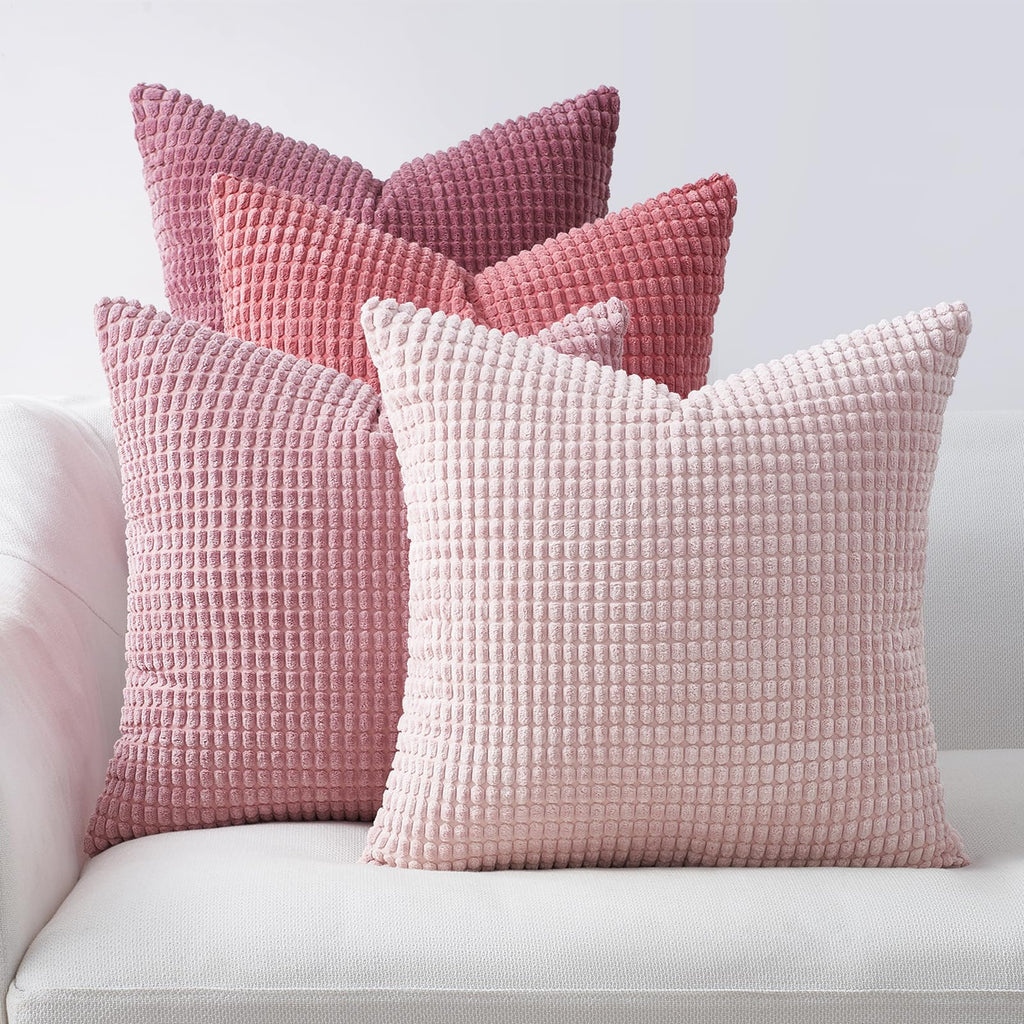 Topfinel Aesthetic Pink Room Decor Throw Pillows Covers for Couch Living Room Bedroom, Coquette Room Decorative Fluffy Corduroy Cushion Cover 18x18 Inch Set of 4 (Blush/Rose/Hot Pink) - Martin Corner Bedding