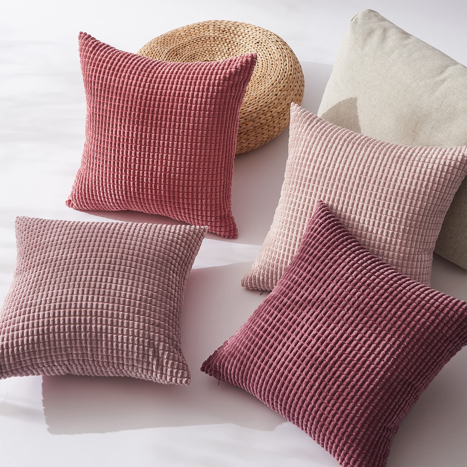 Topfinel Aesthetic Pink Room Decor Throw Pillows Covers for Couch Living Room Bedroom, Coquette Room Decorative Fluffy Corduroy Cushion Cover 18x18 Inch Set of 4 (Blush/Rose/Hot Pink) - Martin Corner Bedding