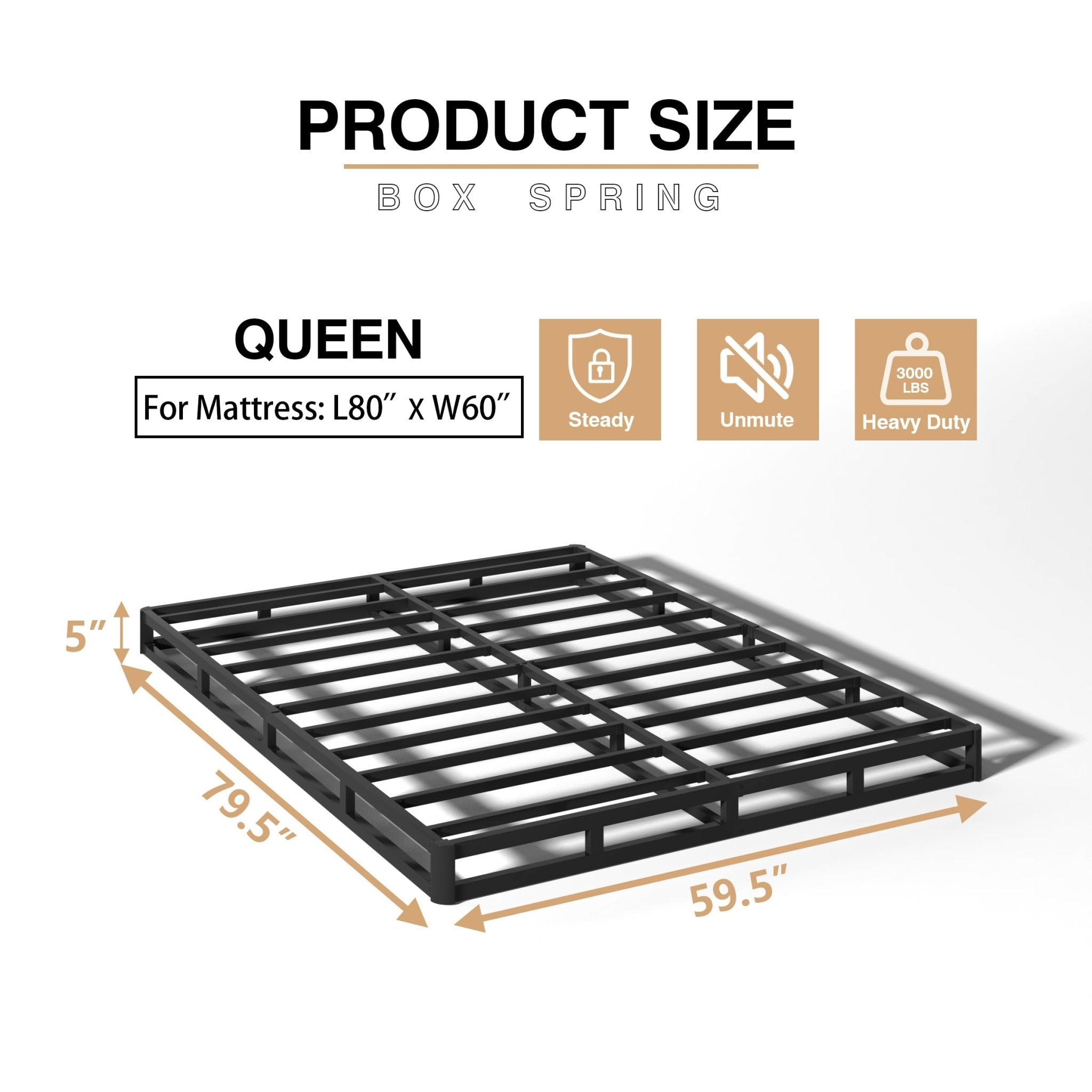 TROZULER 5 Inch Box Spring for Queen Bed, Heavy Duty Metal Mattress Foundation, 3000 lbs Capacity, Low Profile, Noise - Free, Easy Assembly with Fabric Cover - Martin Corner Bedding