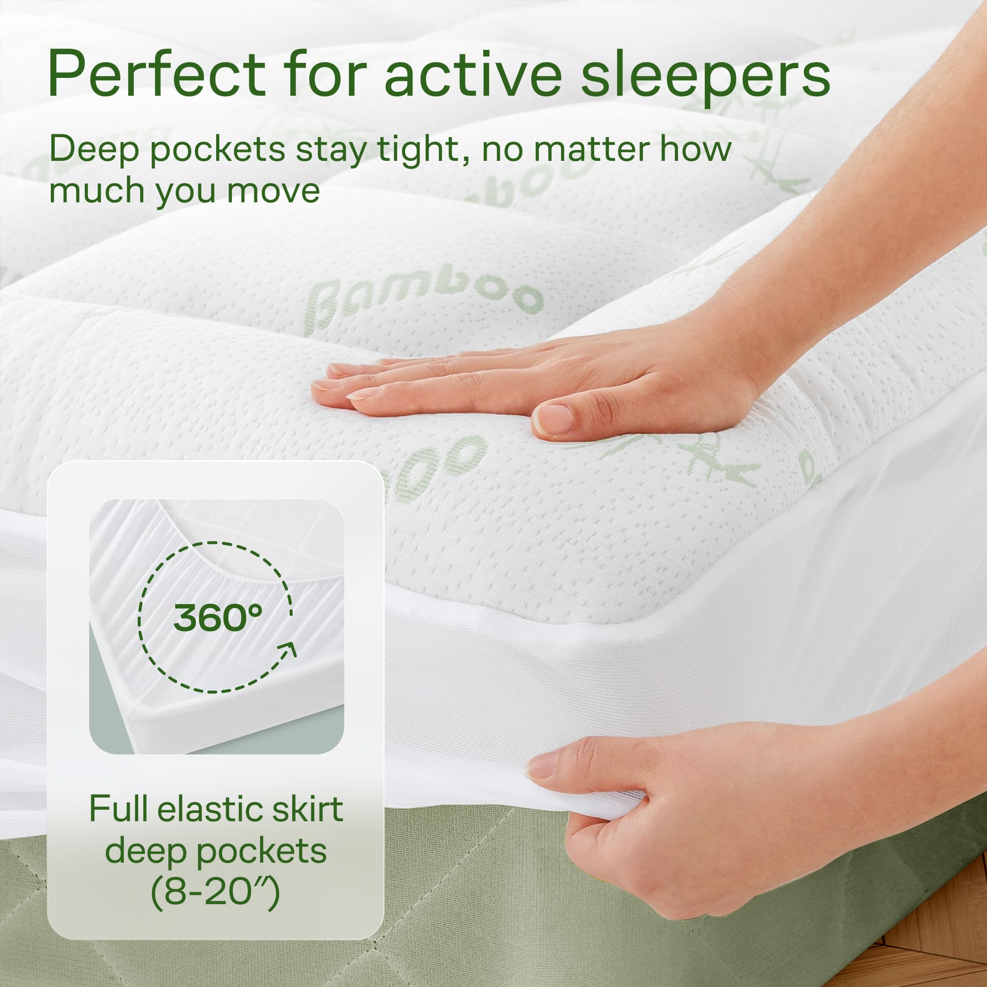 Ultra Soft Queen Size Mattress Topper - Viscose Made from Bamboo Pillow Top Mattress Pad for Back Pain Relief - Naturally Cooling for Hot Sleepers, Green - Martin Corner Bedding