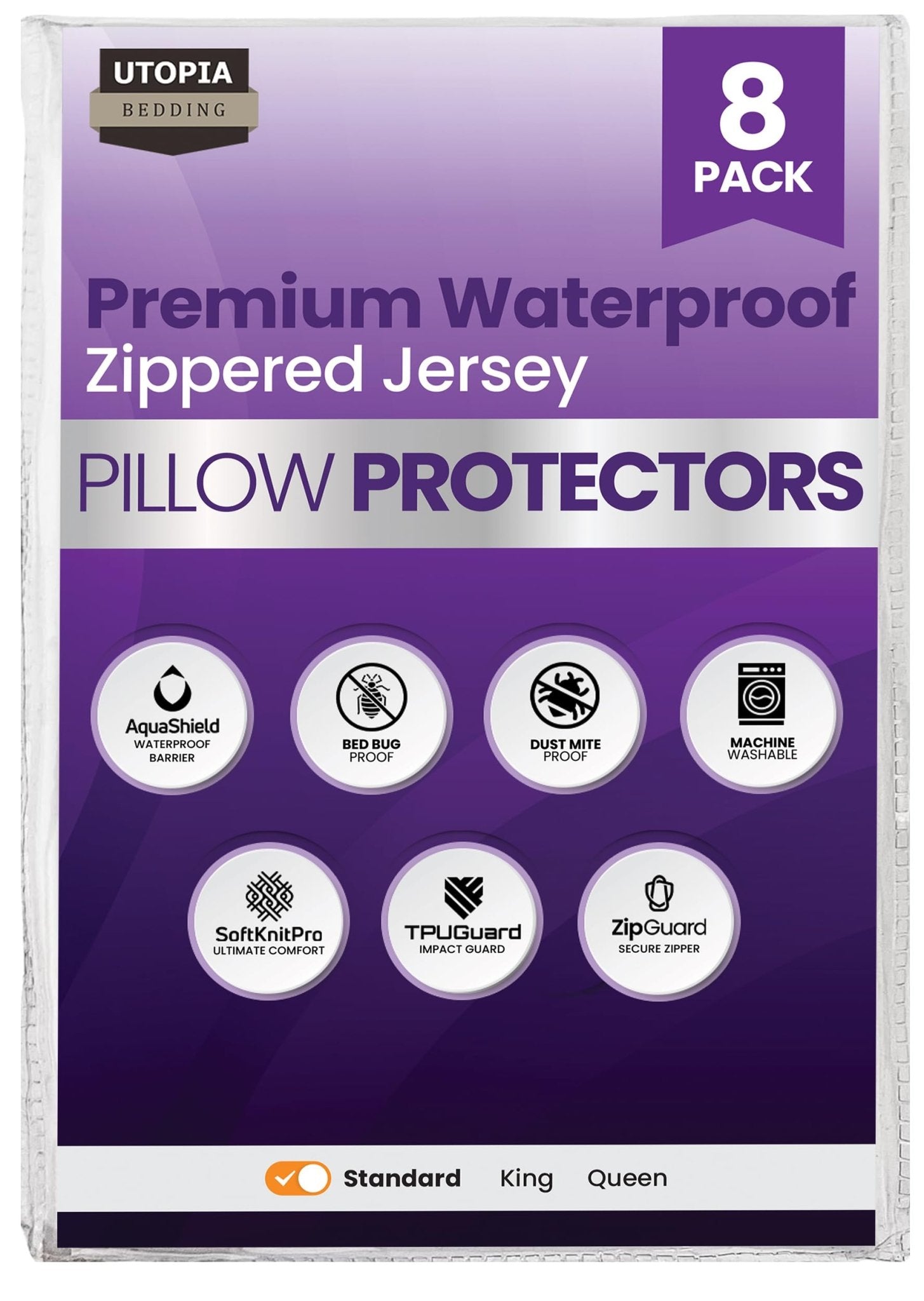 Utopia Bedding 8 Pack Waterproof Pillow Protectors with Zipper Standard Size (White), Bed Bug and Dust Mite Proof Pillow case Covers, Moisture Wicking Pillow Encasements 20 x 26 Inches - Martin Corner Bedding