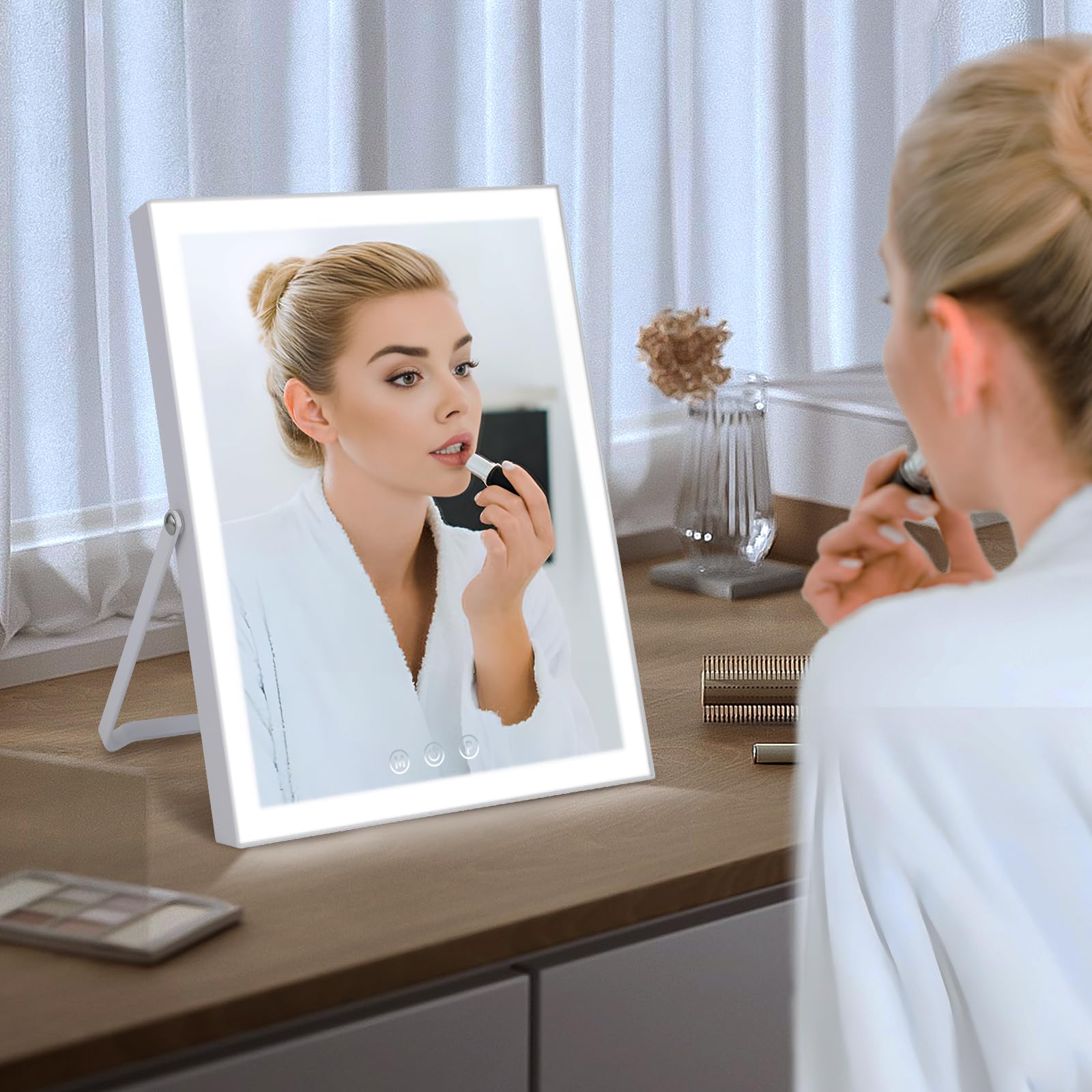 Vanity Mirror with Lights,10"x12" Lighted Makeup Mirror with 3 Color Modes, 360° Rotation Makeup Mirror with Lights, Dual Power Supply, Portable Desk Mirror, Smart Touch Control (White) - Martin Corner Bedding