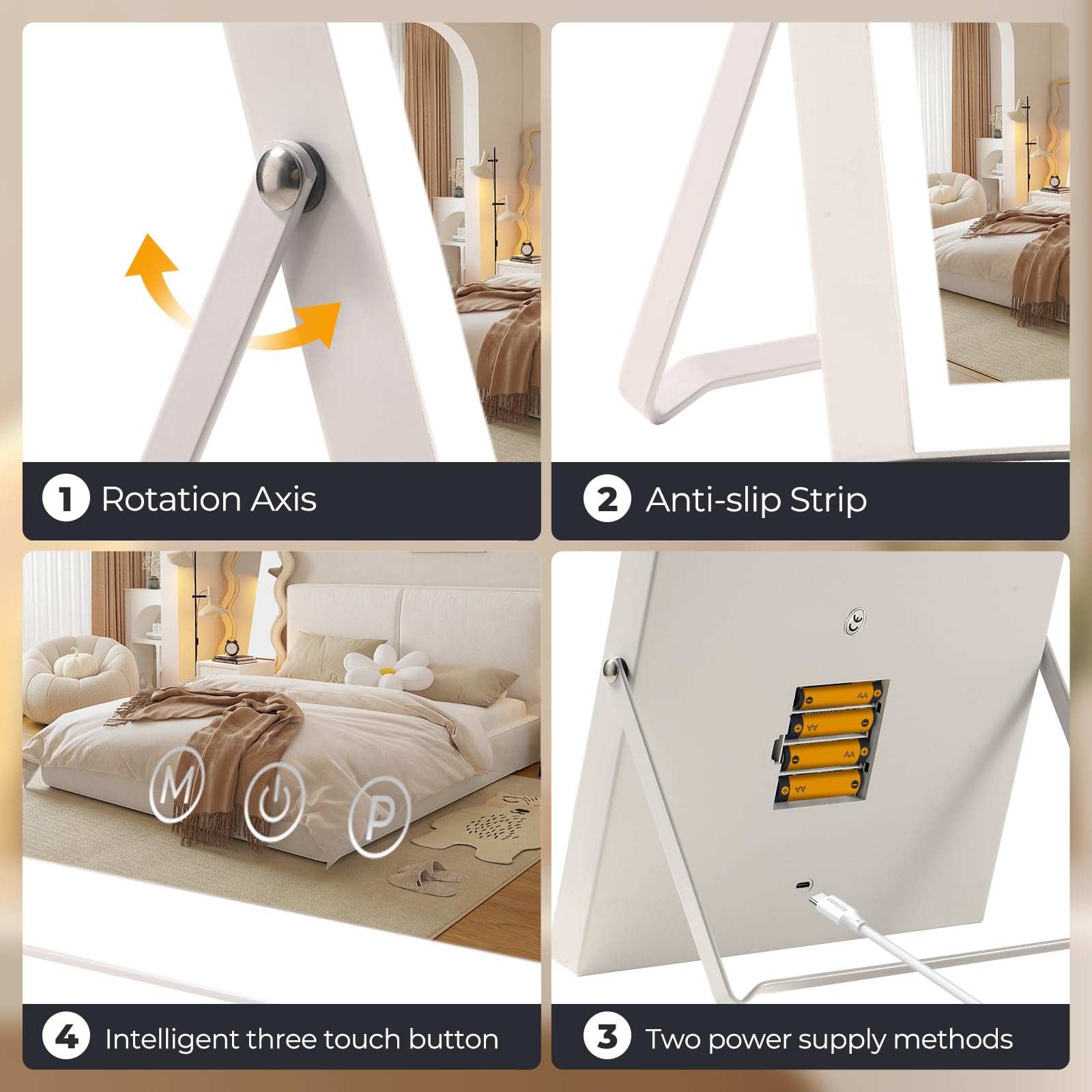 Vanity Mirror with Lights,10"x12" Lighted Makeup Mirror with 3 Color Modes, 360° Rotation Makeup Mirror with Lights, Dual Power Supply, Portable Desk Mirror, Smart Touch Control (White) - Martin Corner Bedding