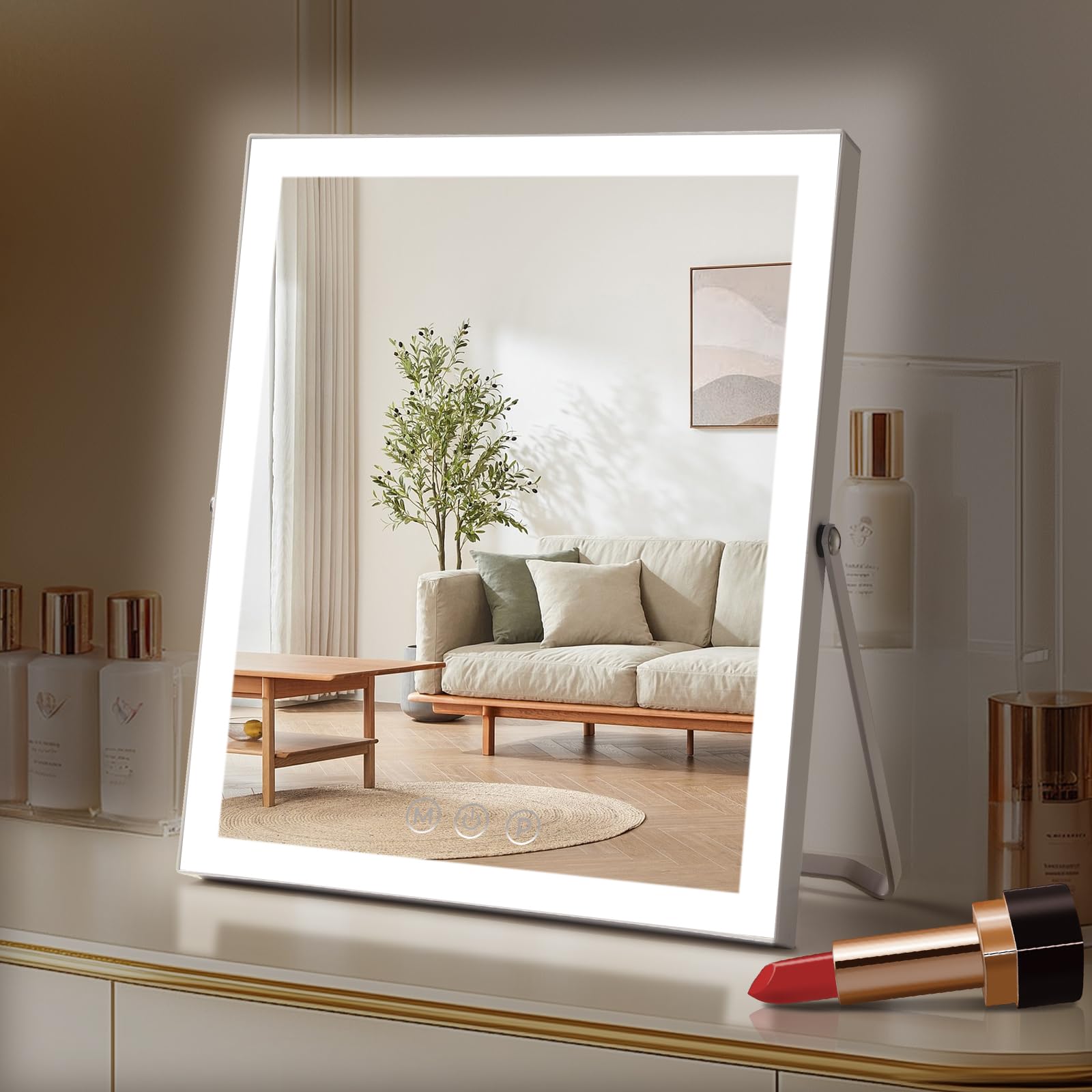Vanity Mirror with Lights,10"x12" Lighted Makeup Mirror with 3 Color Modes, 360° Rotation Makeup Mirror with Lights, Dual Power Supply, Portable Desk Mirror, Smart Touch Control (White) - Martin Corner Bedding