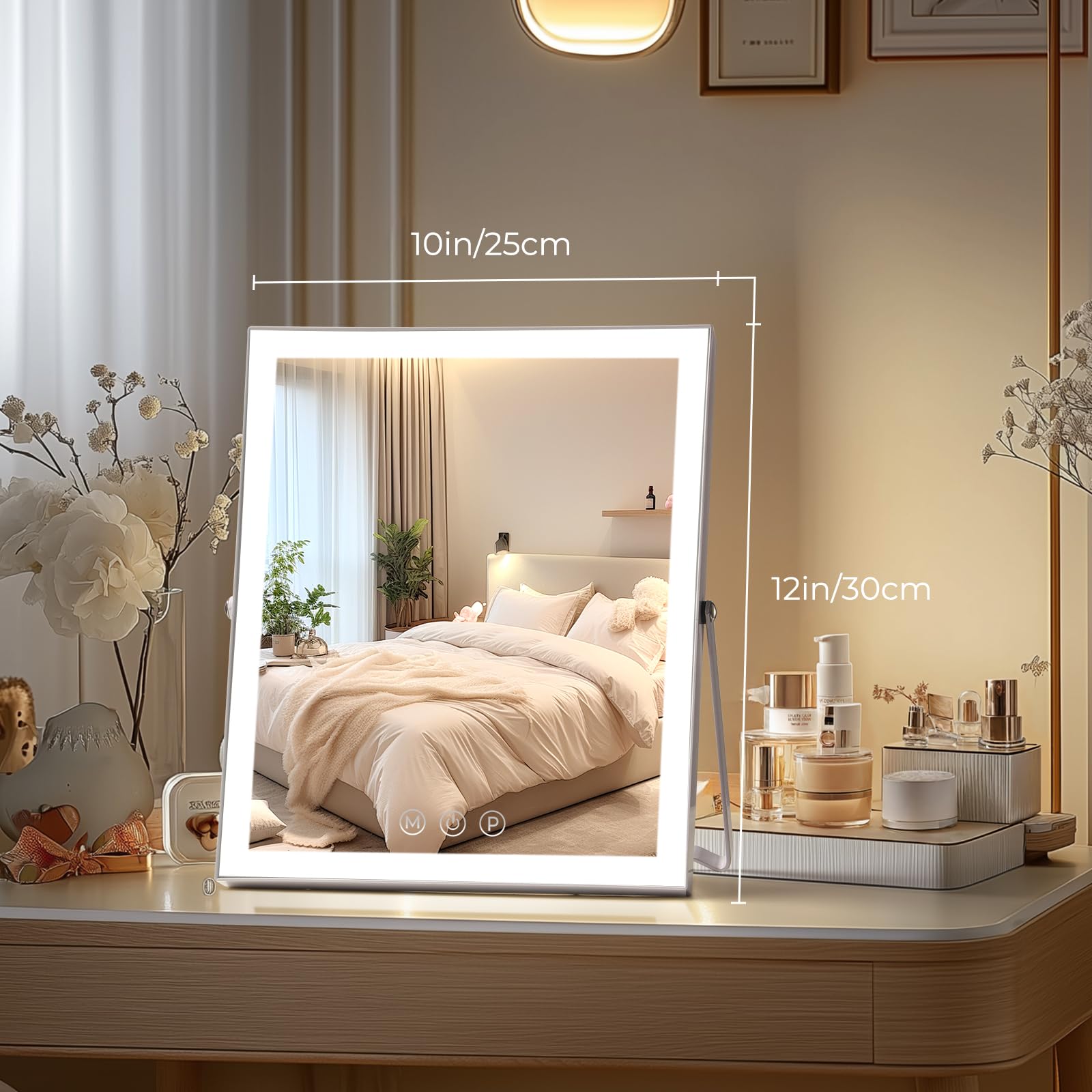 Vanity Mirror with Lights,10"x12" Lighted Makeup Mirror with 3 Color Modes, 360° Rotation Makeup Mirror with Lights, Dual Power Supply, Portable Desk Mirror, Smart Touch Control (White) - Martin Corner Bedding