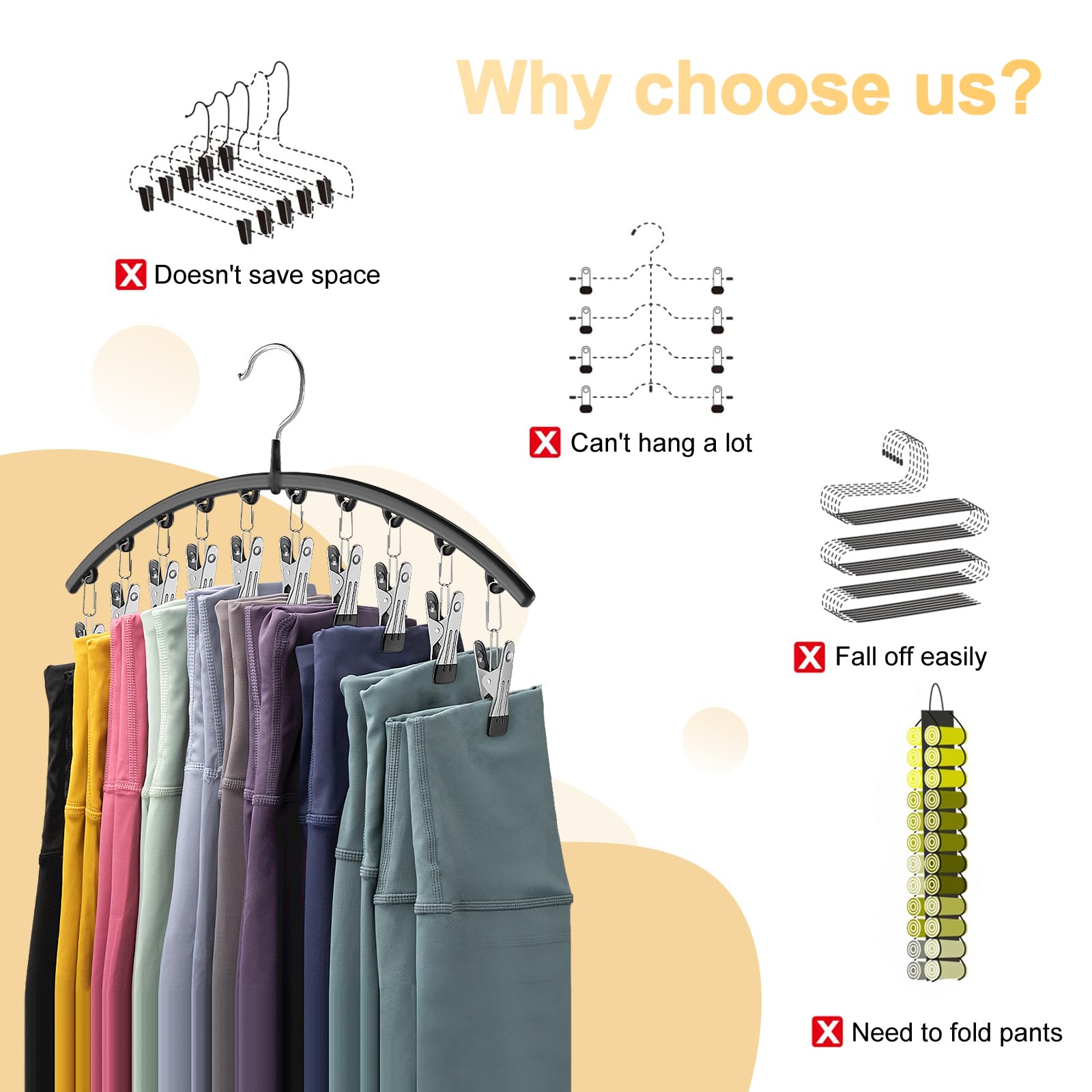 Volnamal Legging Organizer for Closet, Metal Yoga Pants Hangers 2 Pack w/10 Clips Holds 20 Leggings, Space Saving Hanging Closet Organizer w/Rubber Coated Closet Organizers and Storage, Black - Martin Corner Bedding