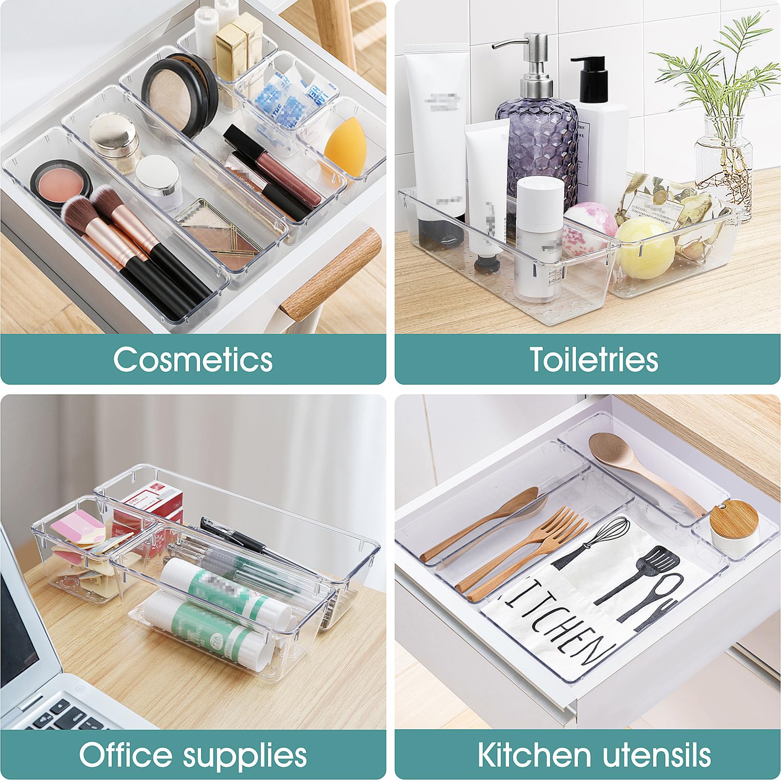 WOWBOX 25 PCS Clear Plastic Drawer Organizer Set, 4 Sizes Desk Drawer Divider Organizers and Storage Bins for Makeup, Jewelry, Gadgets for Kitchen, Bedroom, Bathroom, Office - Martin Corner Bedding