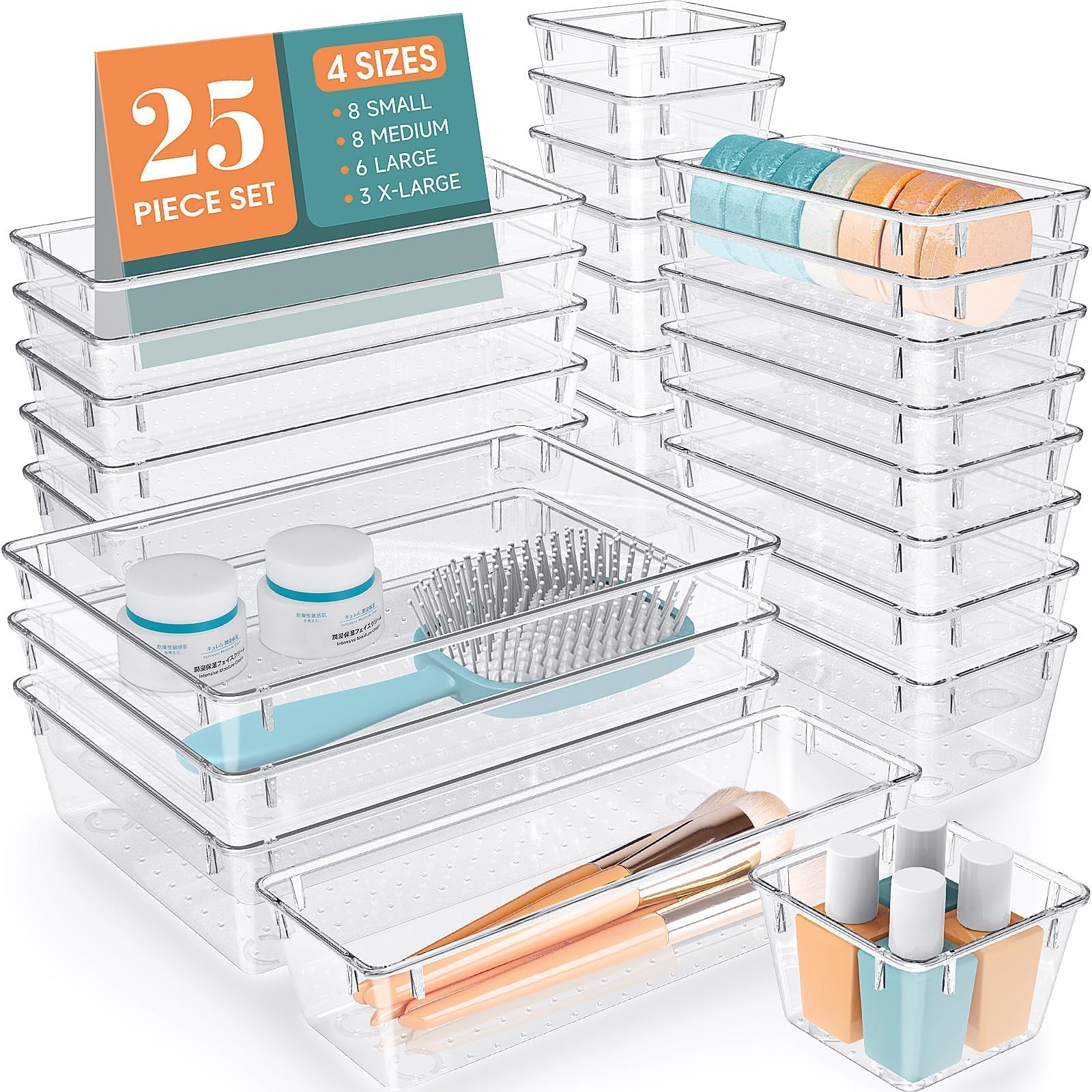 WOWBOX 25 PCS Clear Plastic Drawer Organizer Set, 4 Sizes Desk Drawer Divider Organizers and Storage Bins for Makeup, Jewelry, Gadgets for Kitchen, Bedroom, Bathroom, Office - Martin Corner Bedding