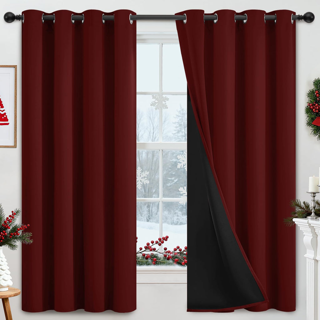 Yakamok 100% Blackout Curtains for Bedroom 2 Panels - Completely Blackout Window Drapes Thermal Insulate Window Panels with Black Backing for Living Room, Grommet Top (52 by 63 inches, Burgundy Red) - Martin Corner Bedding
