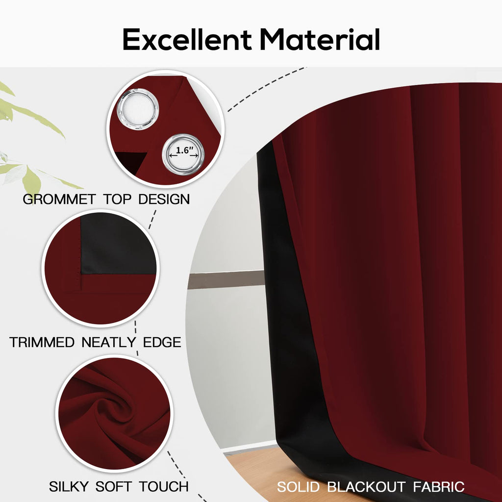 Yakamok 100% Blackout Curtains for Bedroom 2 Panels - Completely Blackout Window Drapes Thermal Insulate Window Panels with Black Backing for Living Room, Grommet Top (52 by 63 inches, Burgundy Red) - Martin Corner Bedding