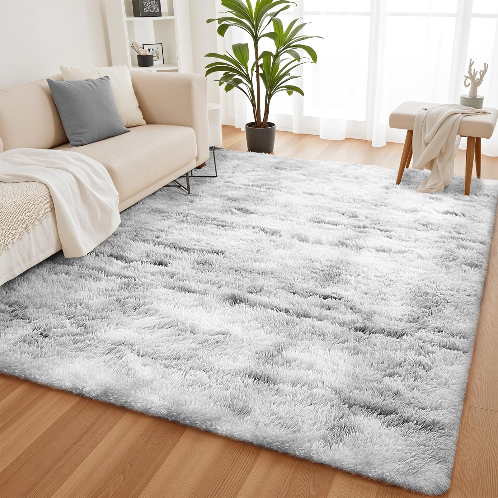 YOBATH Fluffy Shag Area Rugs 5x7 for Living Room Bedroom, Soft Fuzzy Shaggy Carpet Rugs for Girls Boys Kids Indoor Floor Nursery Home Decor, Light Grey - Martin Corner Bedding