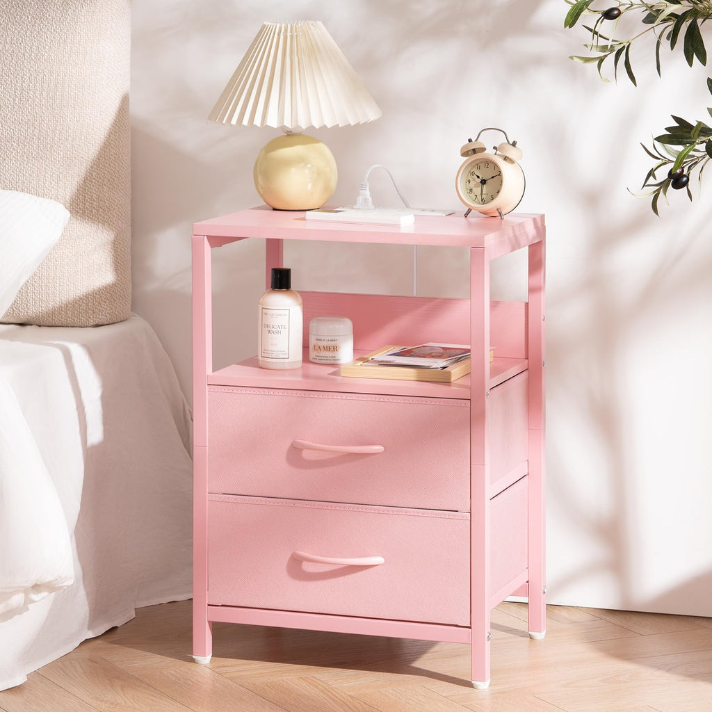 Yoobure Nightstand with Charging Station, Small Night Stand with Fabric Drawers and Storage Shelf for Bedrooms, Nightstands for Small Spaces, Bedside Table with USB Ports & Outlets Bed Side Table - Martin Corner Bedding
