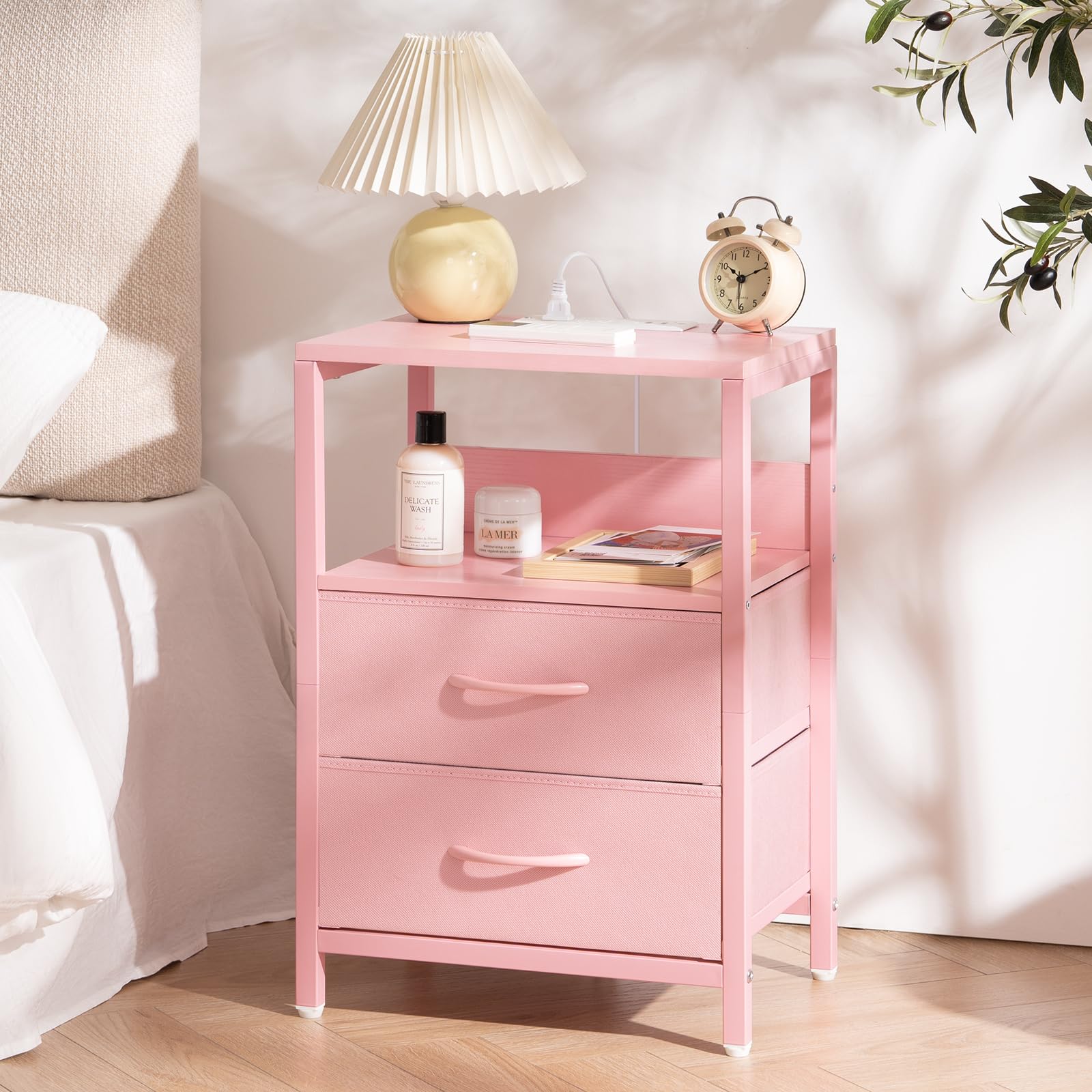 Yoobure Nightstand with Charging Station, Small Night Stand with Fabric Drawers and Storage Shelf for Bedrooms, Nightstands for Small Spaces, Bedside Table with USB Ports & Outlets Bed Side Table - Martin Corner Bedding