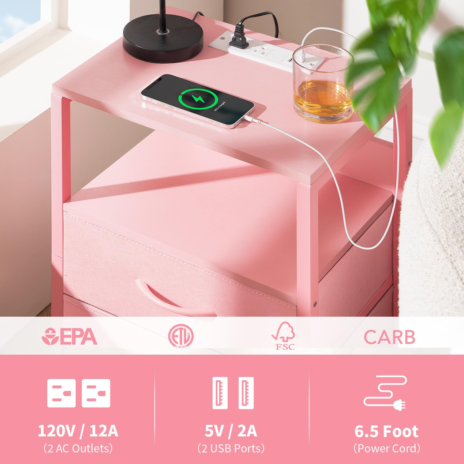 Yoobure Nightstand with Charging Station, Small Night Stand with Fabric Drawers and Storage Shelf for Bedrooms, Nightstands for Small Spaces, Bedside Table with USB Ports & Outlets Bed Side Table - Martin Corner Bedding