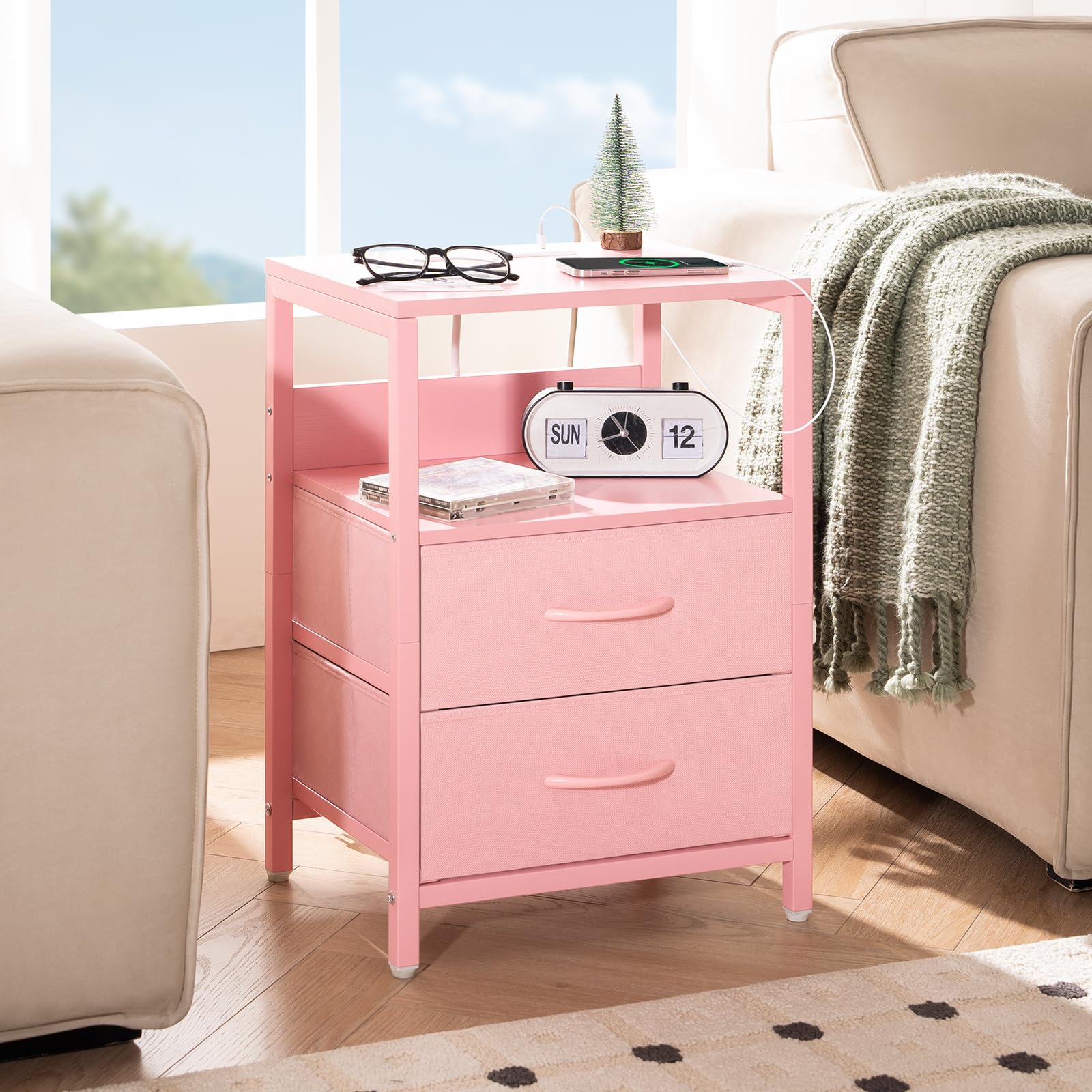 Yoobure Nightstand with Charging Station, Small Night Stand with Fabric Drawers and Storage Shelf for Bedrooms, Nightstands for Small Spaces, Bedside Table with USB Ports & Outlets Bed Side Table - Martin Corner Bedding