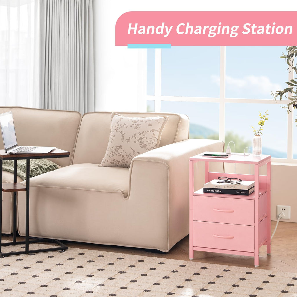 Yoobure Nightstand with Charging Station, Small Night Stand with Fabric Drawers and Storage Shelf for Bedrooms, Nightstands for Small Spaces, Bedside Table with USB Ports & Outlets Bed Side Table - Martin Corner Bedding