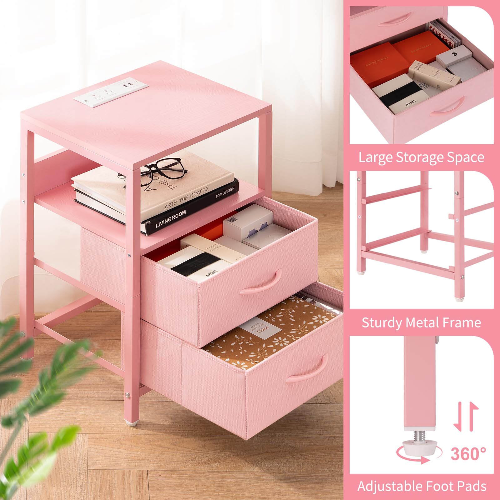 Yoobure Nightstand with Charging Station, Small Night Stand with Fabric Drawers and Storage Shelf for Bedrooms, Nightstands for Small Spaces, Bedside Table with USB Ports & Outlets Bed Side Table - Martin Corner Bedding
