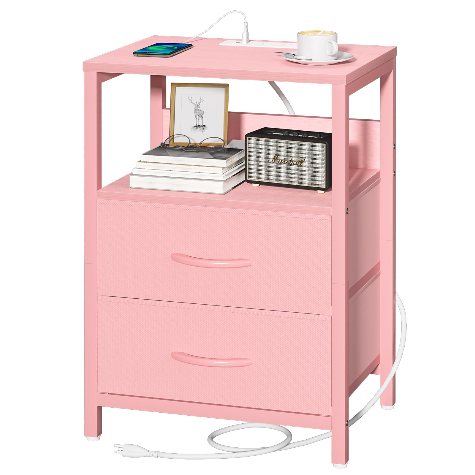Yoobure Nightstand with Charging Station, Small Night Stand with Fabric Drawers and Storage Shelf for Bedrooms, Nightstands for Small Spaces, Bedside Table with USB Ports & Outlets Bed Side Table - Martin Corner Bedding