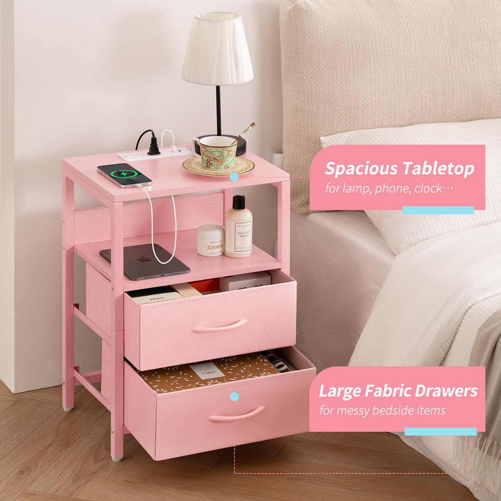 Yoobure Nightstand with Charging Station, Small Night Stand with Fabric Drawers and Storage Shelf for Bedrooms, Nightstands for Small Spaces, Bedside Table with USB Ports & Outlets Bed Side Table - Martin Corner Bedding
