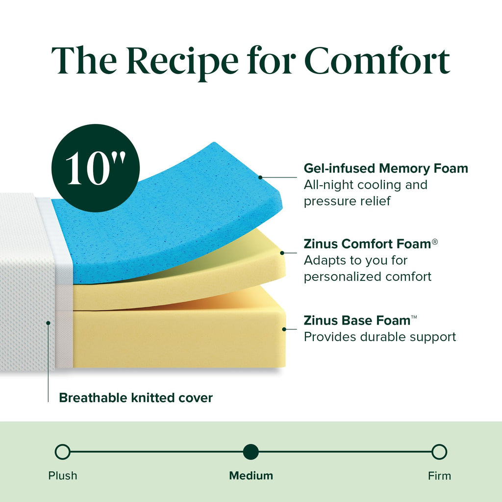Zinus 10 Inch Green Tea Cooling Memory Foam Mattress [New Version], Queen, Fiberglass Free, Medium Firmness, Cooling Gel Foam, Certified Safe Foams & Fabric, Mattress in A Box - Martin Corner Bedding